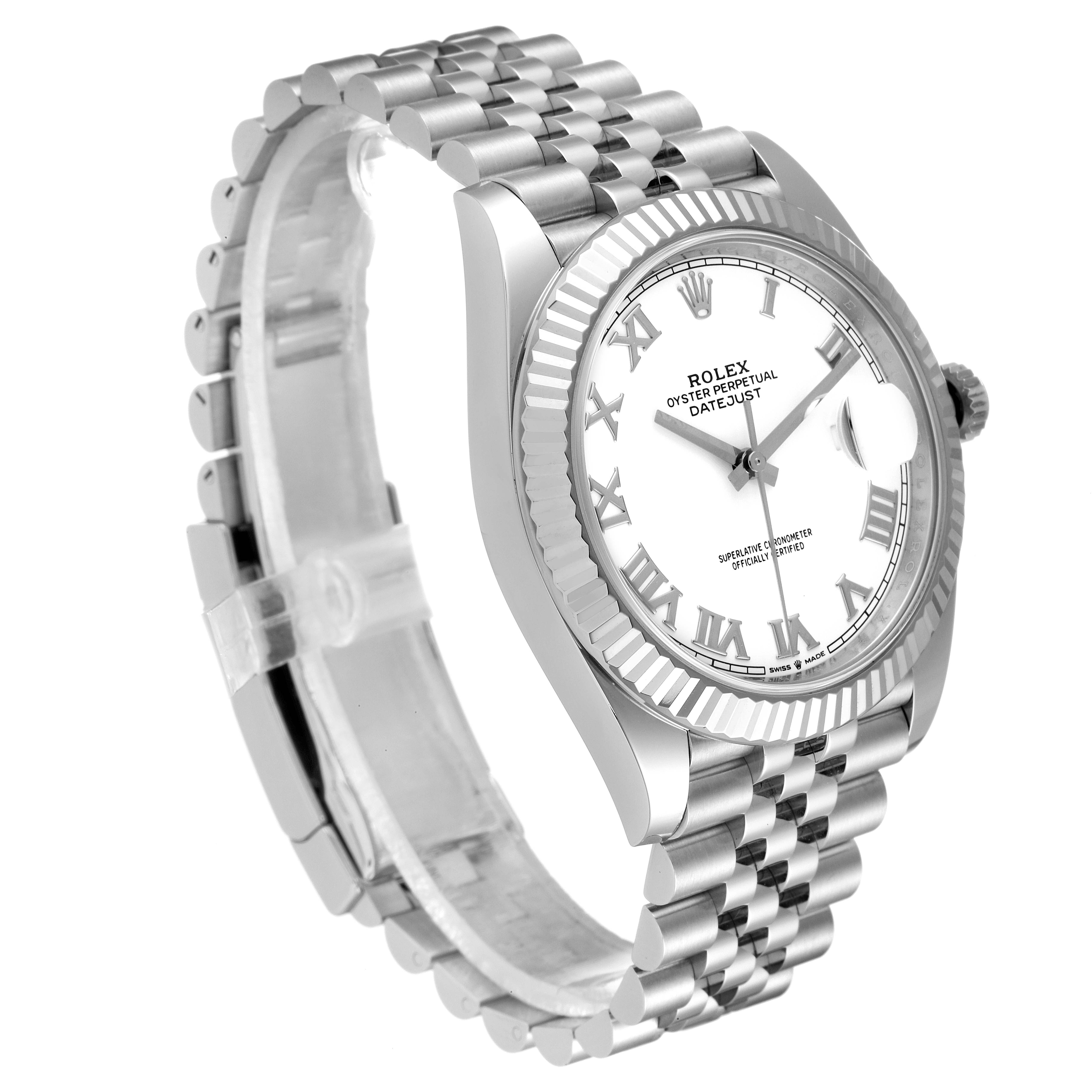 The image shows a Rolex Datejust 41 126334 Men
s Stainless Steel White Dial 126334 Men
s Stainless Steel White Dial watch with a silver jubilee bracelet and a white dial, viewed from an angled side perspective.