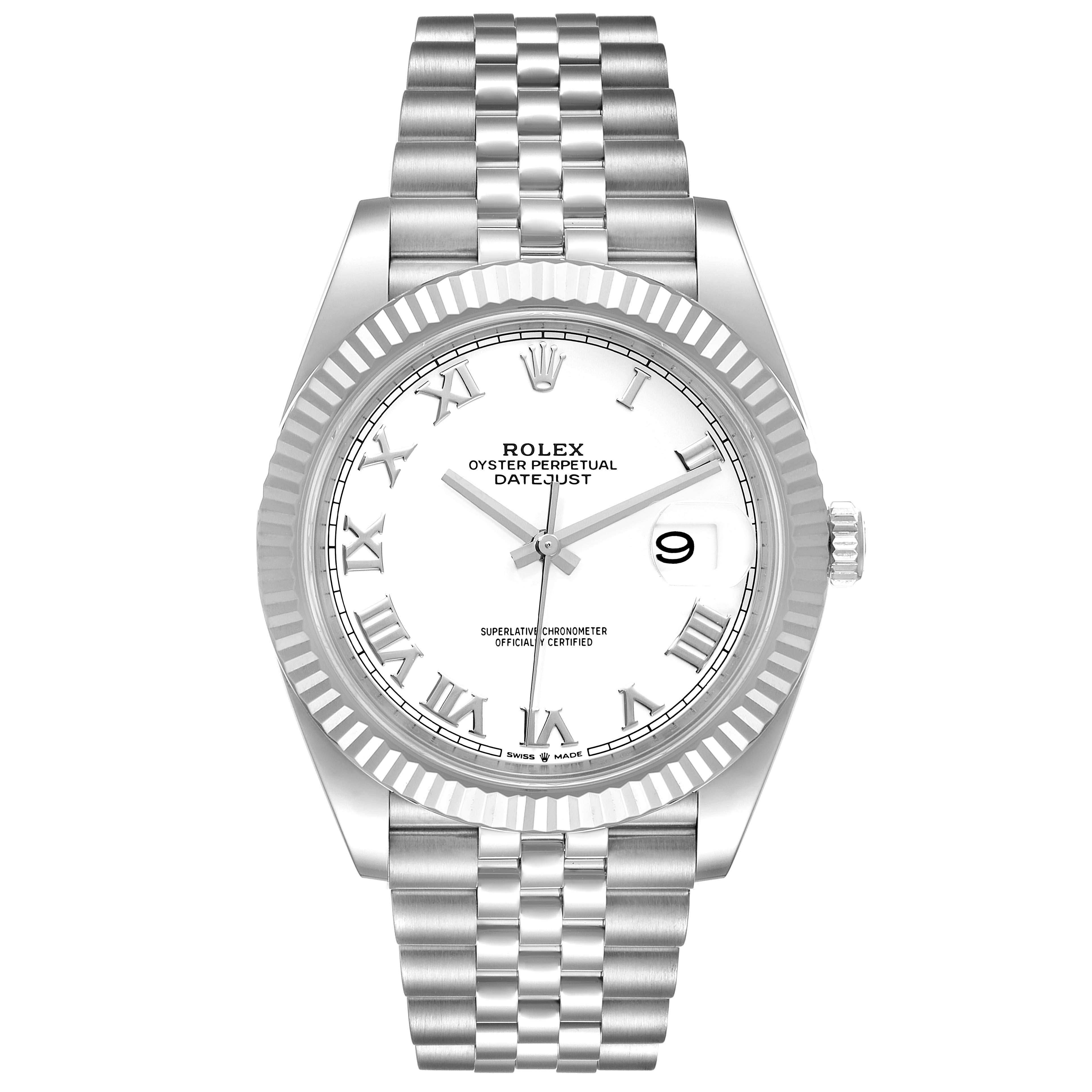 The image shows a front view of a Rolex Datejust 41 126334 Men
s Stainless Steel White Dial 126334 Men
s Stainless Steel White Dial watch featuring a white dial, Roman numerals, and a jubilee bracelet.