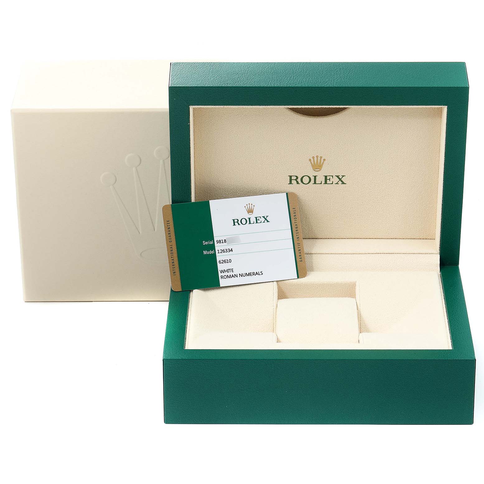 The image shows a Rolex Datejust 41 126334 Men
s Stainless Steel White Dial 126334 Men
s Stainless Steel White Dial box with an open presentation case and an Best Quality
ity card displayed.