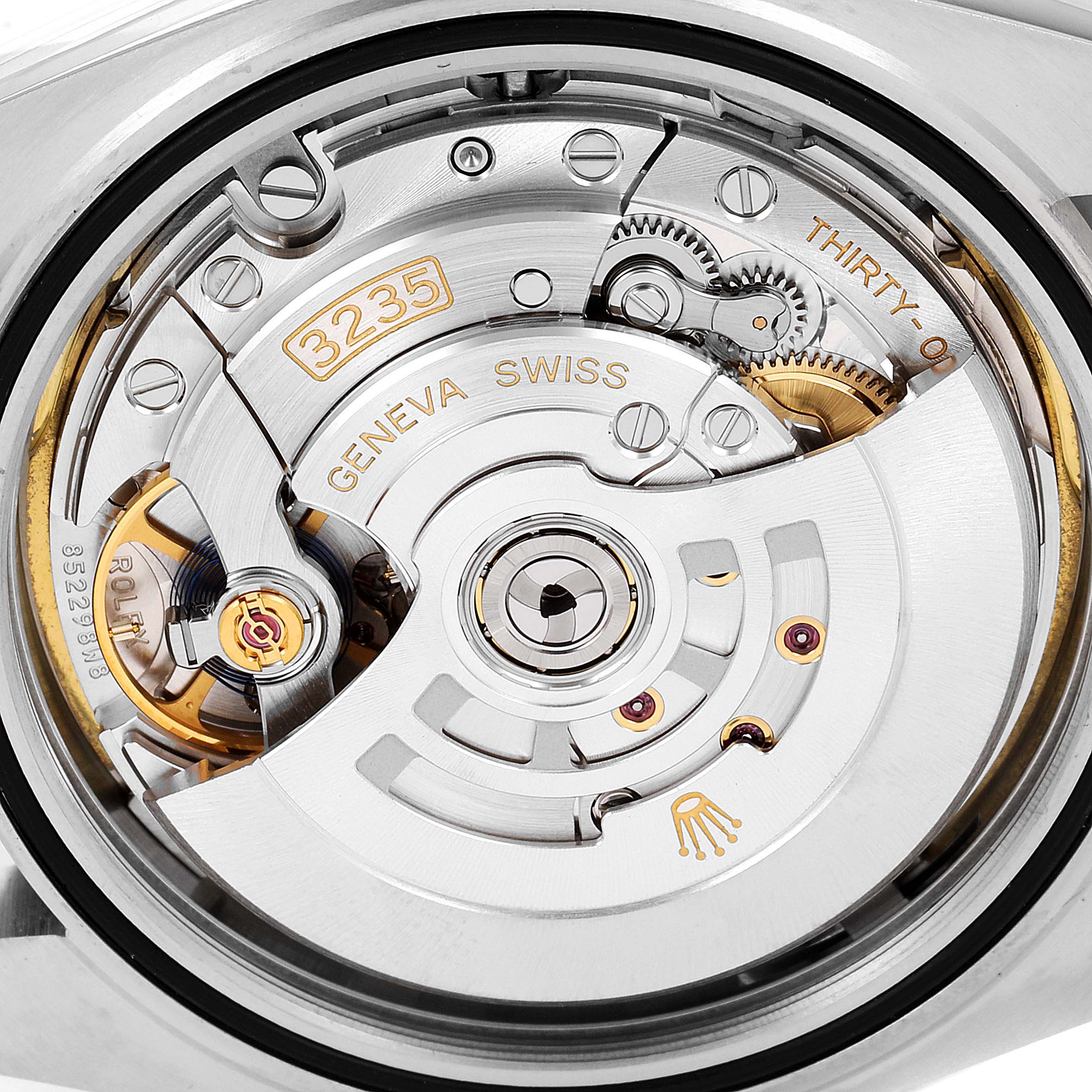 This is a close-up of the movement of the Rolex Datejust 41 126334 Men
s Stainless Steel White Dial 126334 Men
s Stainless Steel White Dial, showcasing the intricate internal mechanism.