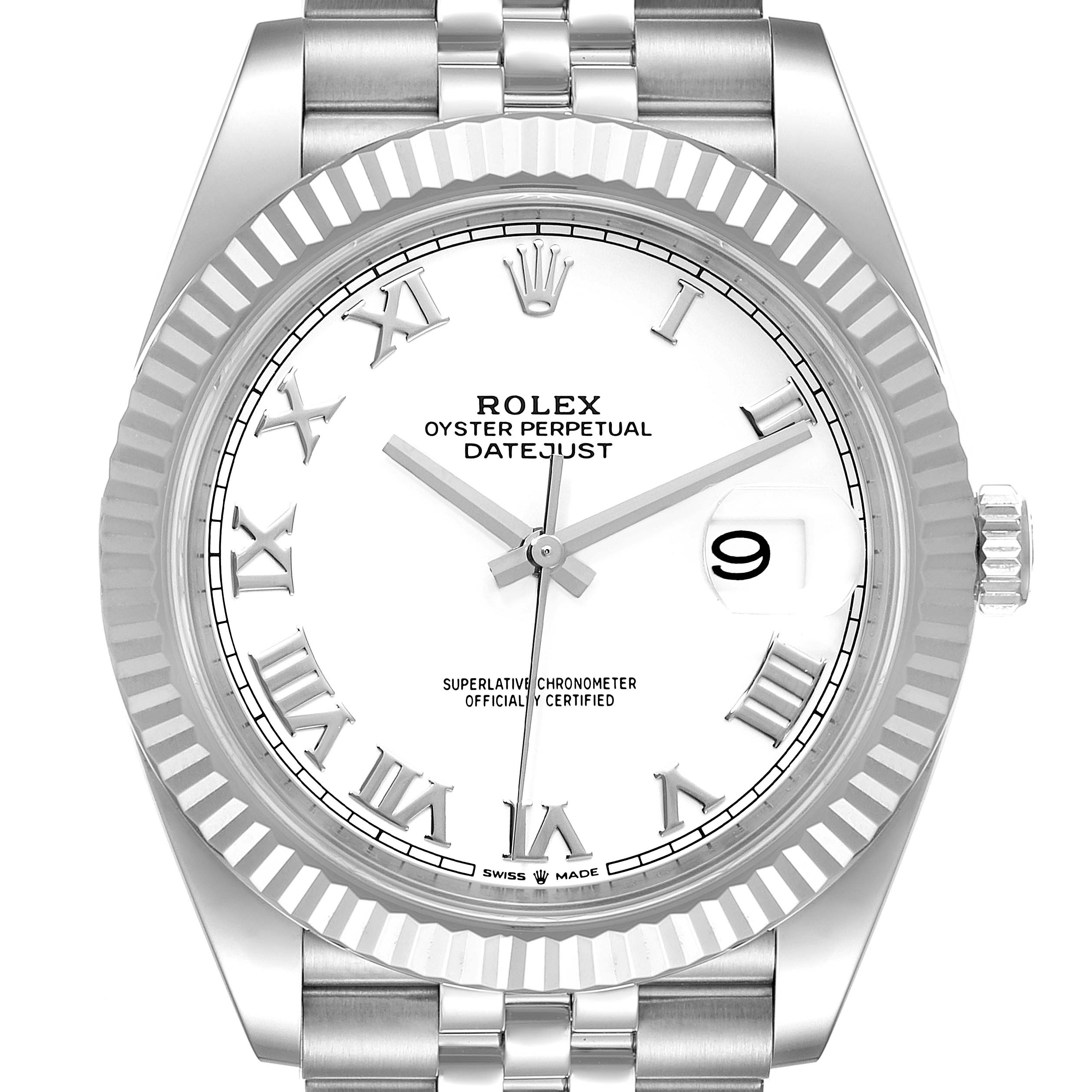 The image shows a frontal view of a Rolex Datejust 41 126334 Men
s Stainless Steel White Dial 126334 Men
s Stainless Steel White Dial watch, highlighting its dial, bezel, and part of the bracelet.