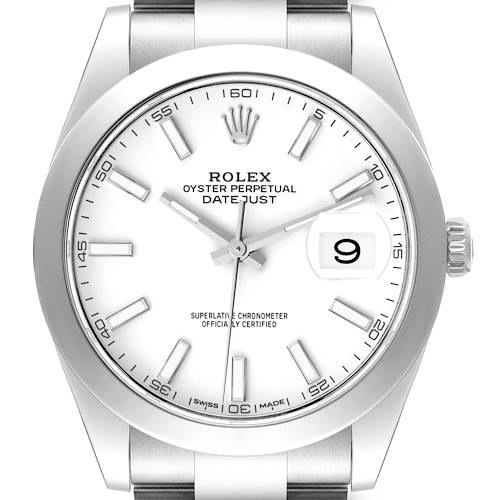 The Rolex Datejust 41 watch is shown from a top view, highlighting its white dial, hour markers, hands, and date window at 3 o'clock.