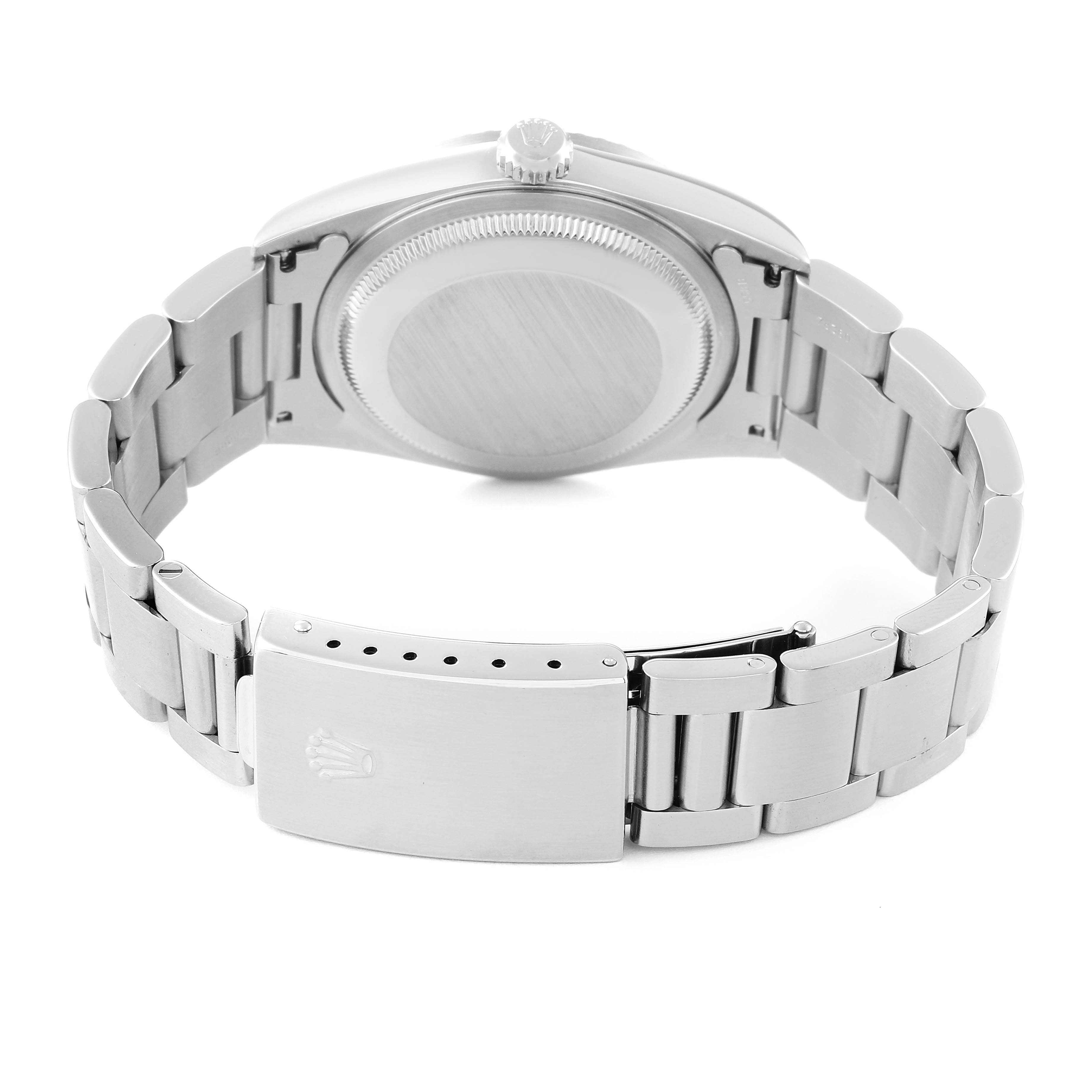 This image shows the back of a Rolex Datejust 16220 Men's Stainless Steel Blue Dial 16220 Men's Stainless Steel Blue Dial watch, highlighting its case back and metal bracelet with the clasp.