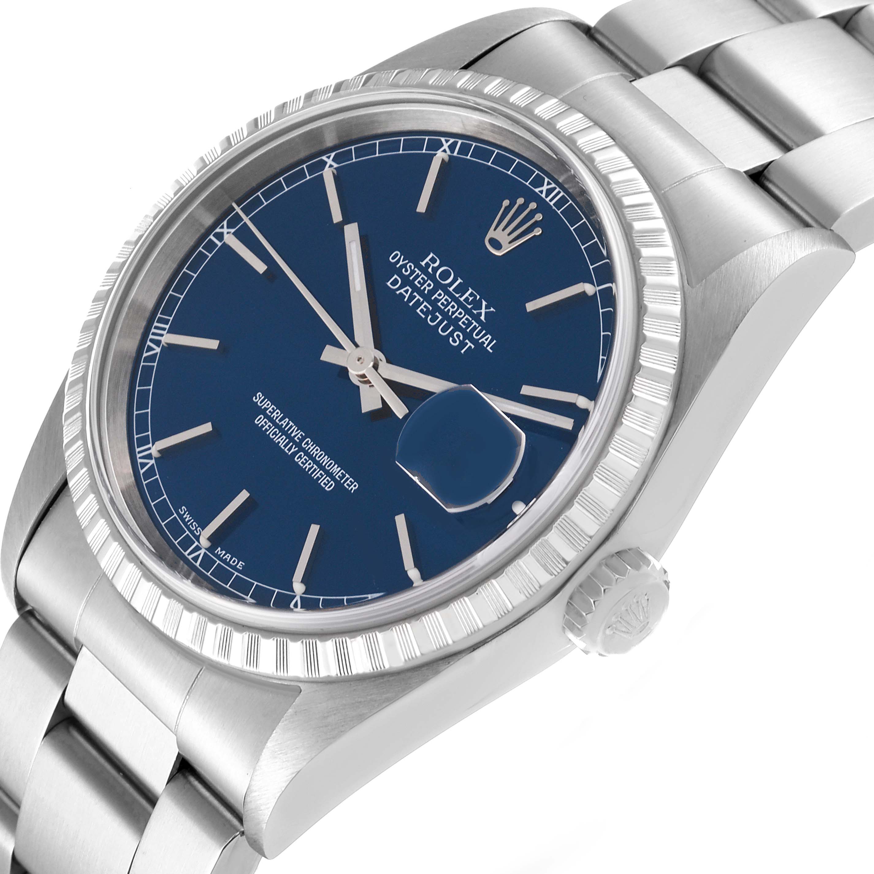 The Rolex Datejust 16220 Men's Stainless Steel Blue Dial 16220 Men's Stainless Steel Blue Dial watch is shown at an angle displaying its blue dial, fluted bezel, and part of the bracelet.