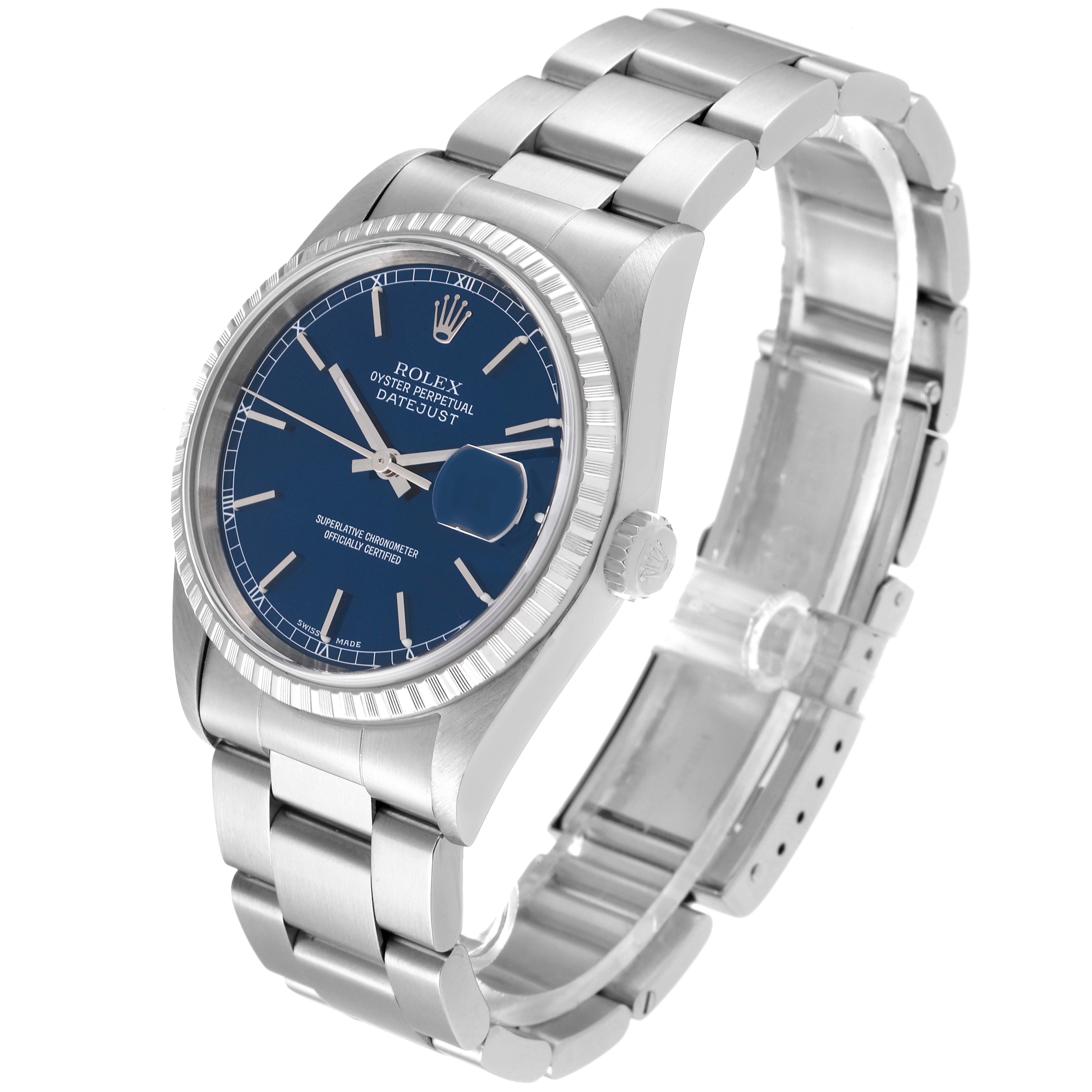 The image shows a Rolex Datejust 16220 Men's Stainless Steel Blue Dial 16220 Men's Stainless Steel Blue Dial watch angled to display the face, bezel, crown, and part of the bracelet.