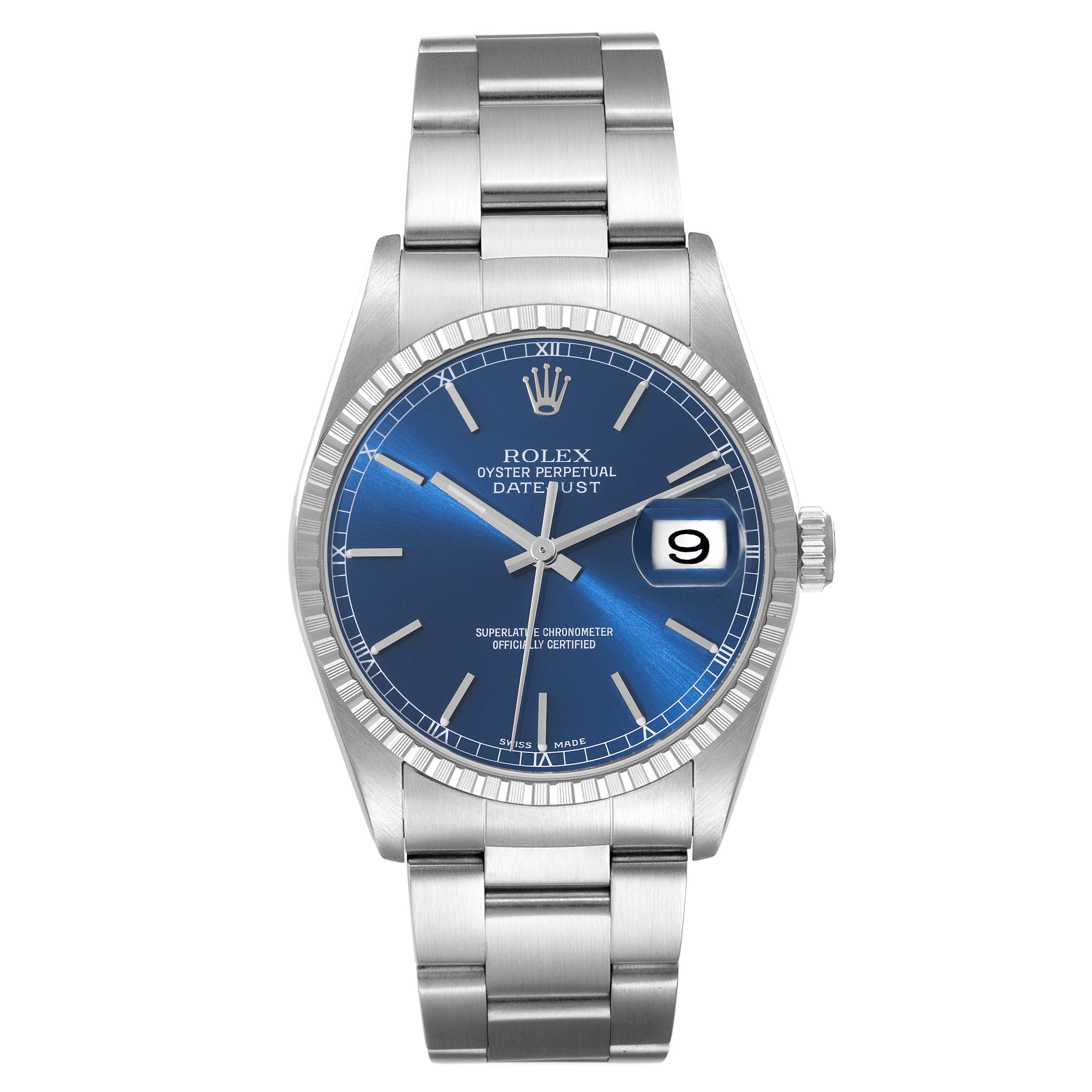 This image shows a frontal view of a Rolex Datejust 16220 Men's Stainless Steel Blue Dial 16220 Men's Stainless Steel Blue Dial watch, displaying the blue dial, date window, and stainless steel bracelet.