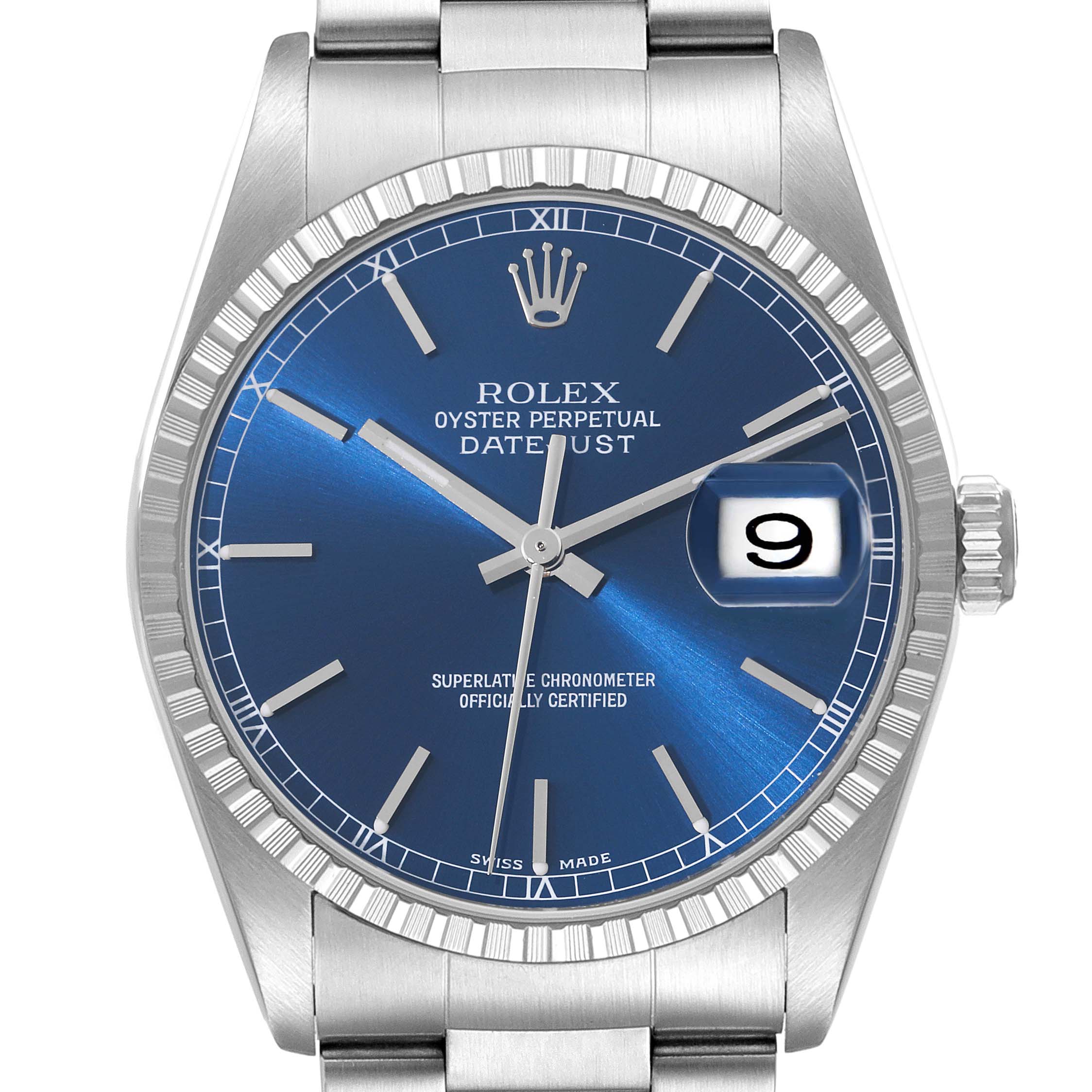 This image shows a close-up, front view of a Rolex Datejust 16220 Men's Stainless Steel Blue Dial 16220 Men's Stainless Steel Blue Dial watch, highlighting the blue dial, date window, and bracelet.