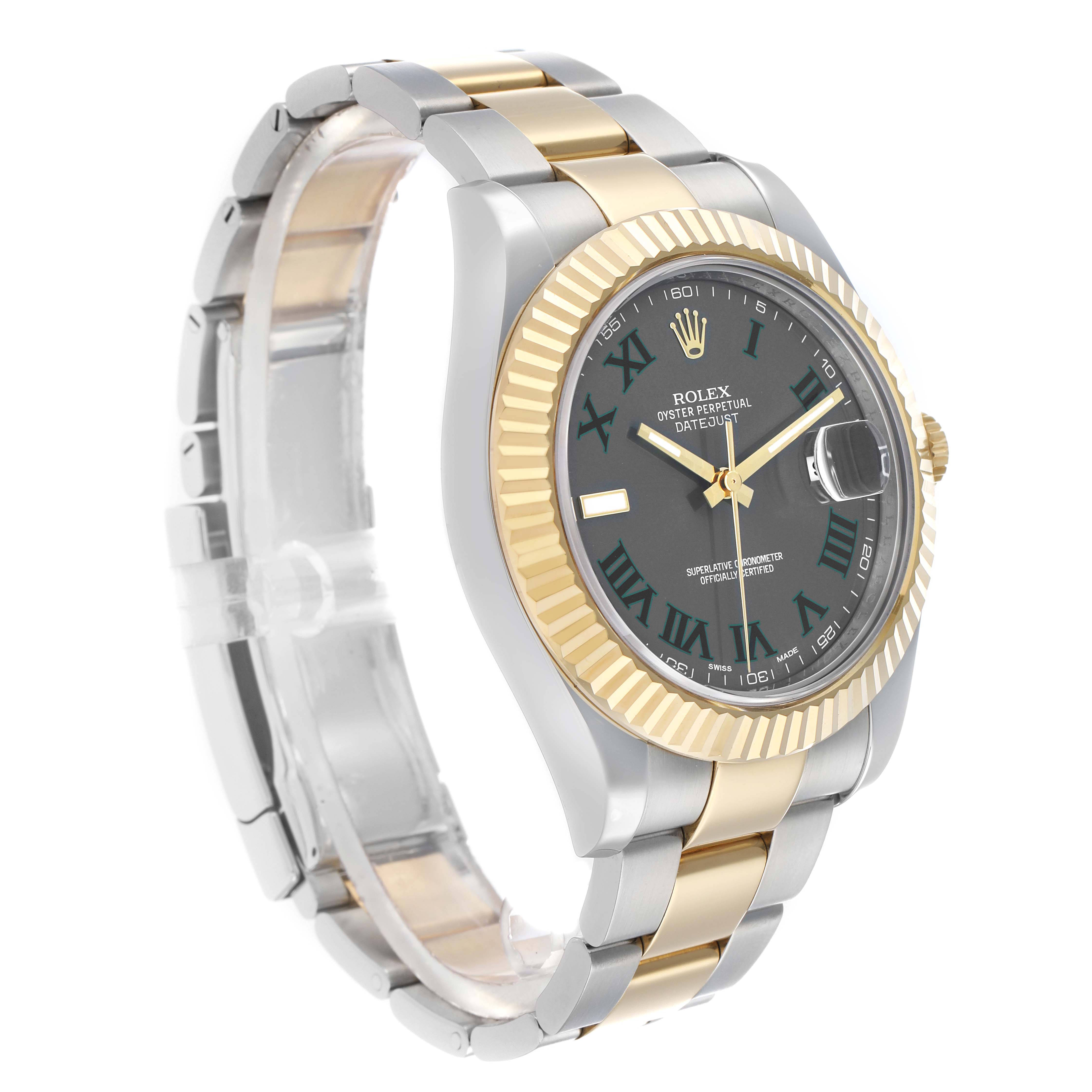 The Rolex Datejust 116333 Men
s Steel and Gold (two tone) Grey Dial watch is shown at a three-quarter angle, highlighting its gold and silver bracelet and fluted bezel.