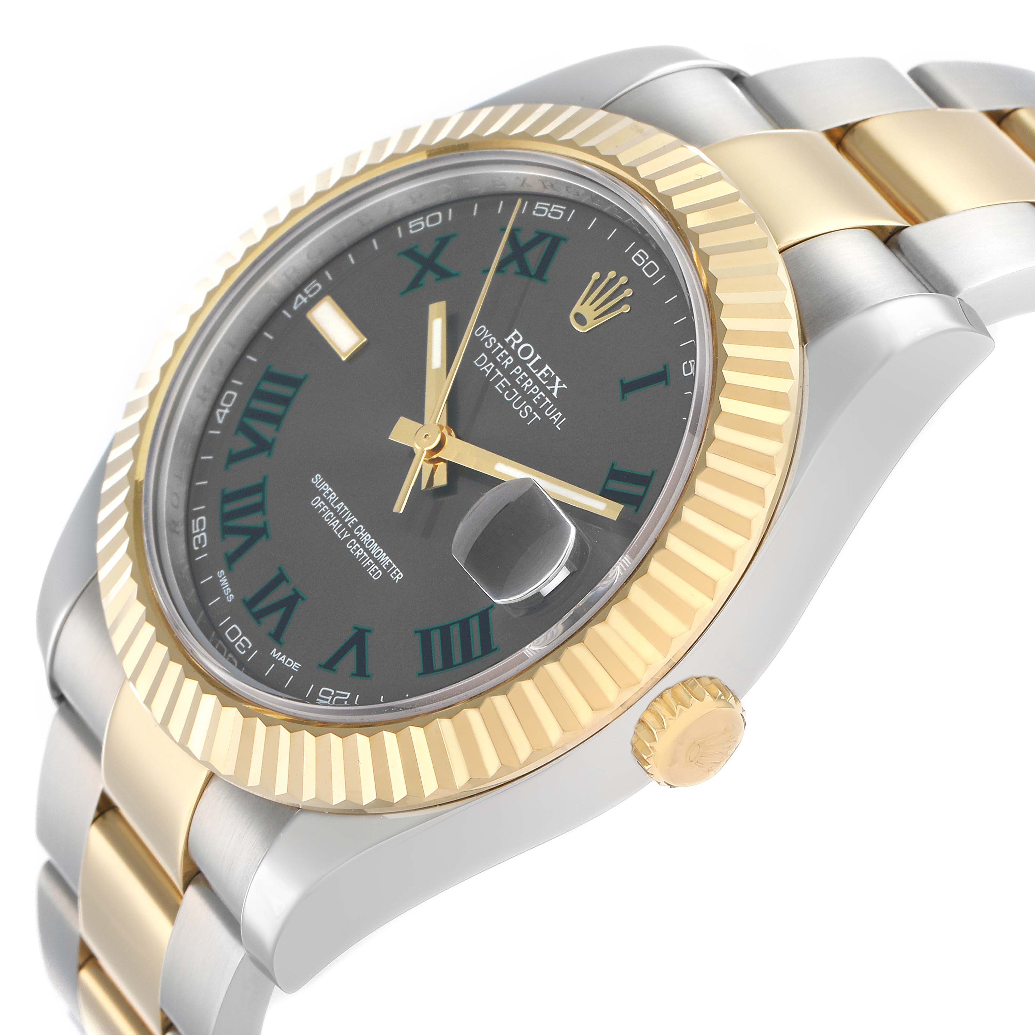 The Rolex Datejust 116333 Men
s Steel and Gold (two tone) Grey Dial watch is shown at a slight angle, highlighting the bezel, dial, bracelet, and crown.