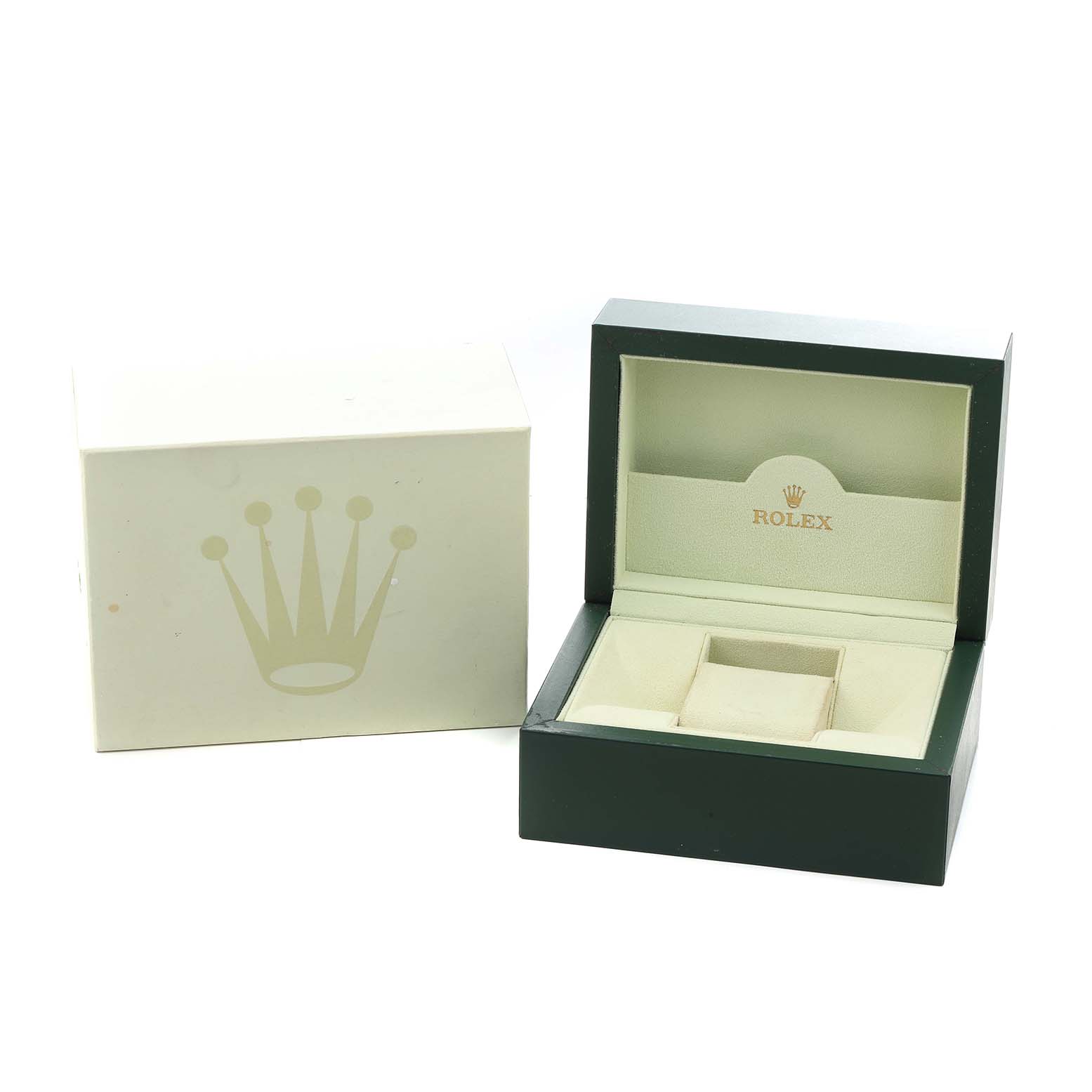 The image shows an open and closed Rolex Datejust 116333 Men
s Steel and Gold (two tone) Grey Dial watch box, displaying the interior cushioned slot for the watch.