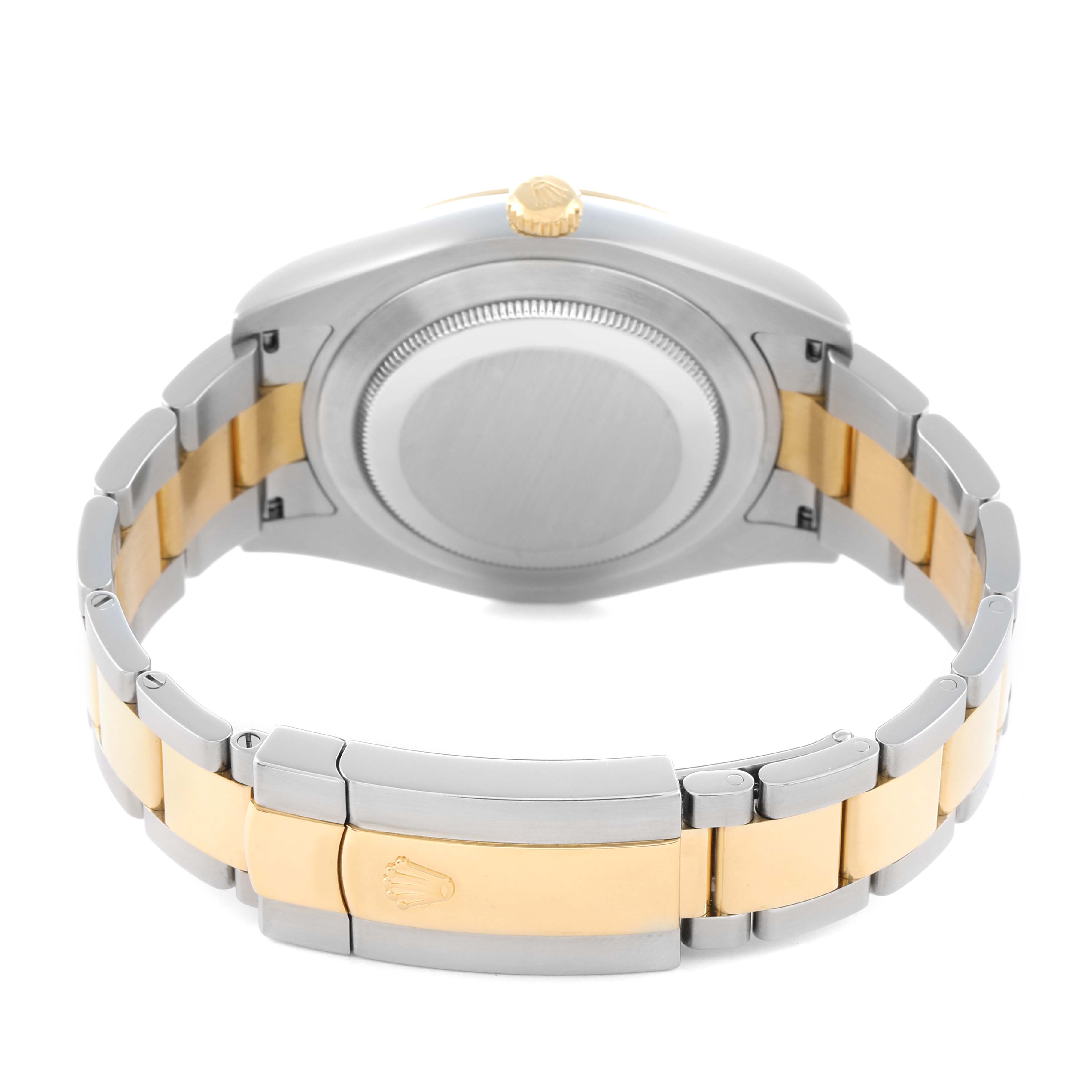 The Rolex Datejust 116333 Men
s Steel and Gold (two tone) Grey Dial watch is shown from the back, highlighting the clasp, bracelet, and case back in a two-tone metal design.