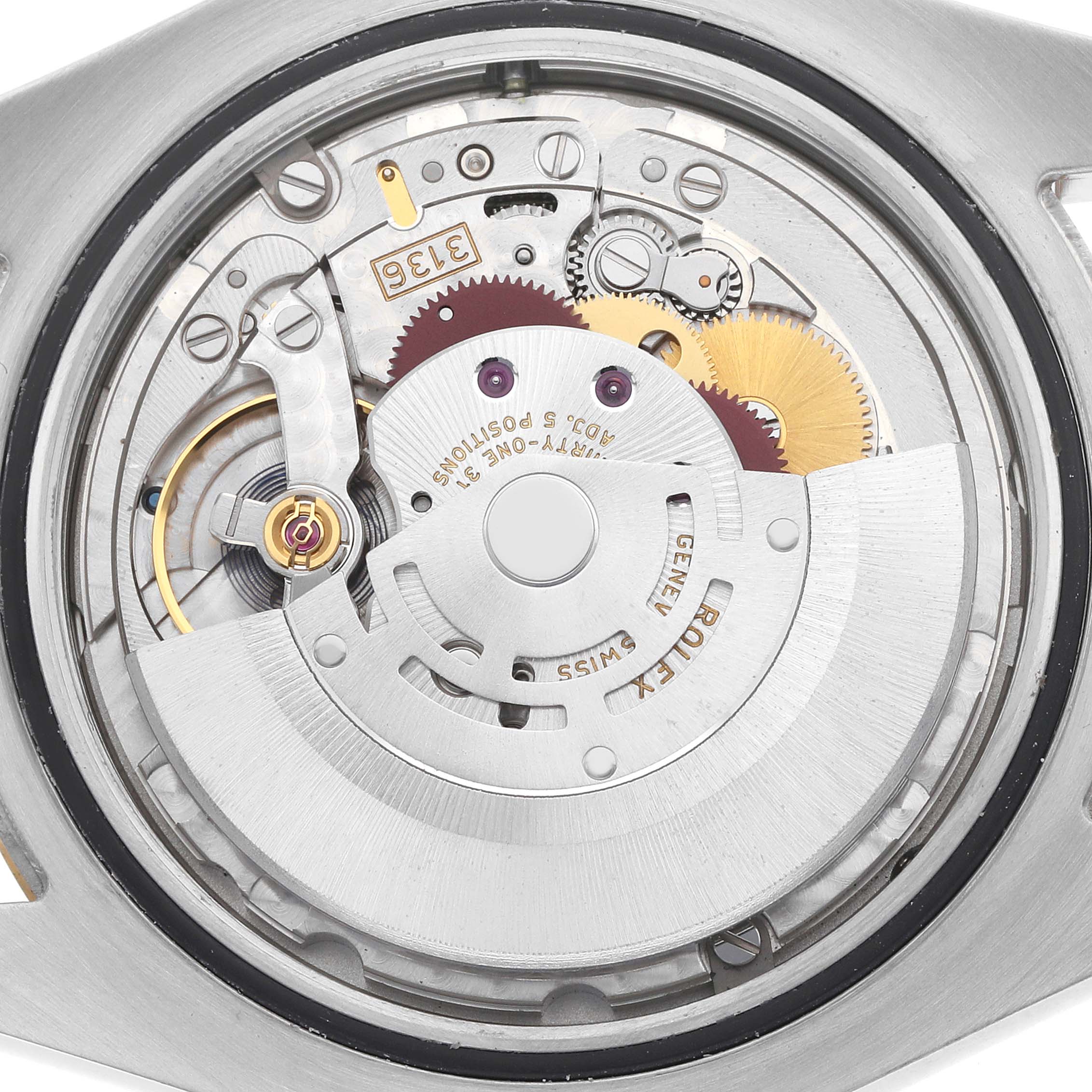 The image shows a close-up of the movement inside a Rolex Datejust 116333 Men
s Steel and Gold (two tone) Grey Dial watch, highlighting the intricate gears and rotor.