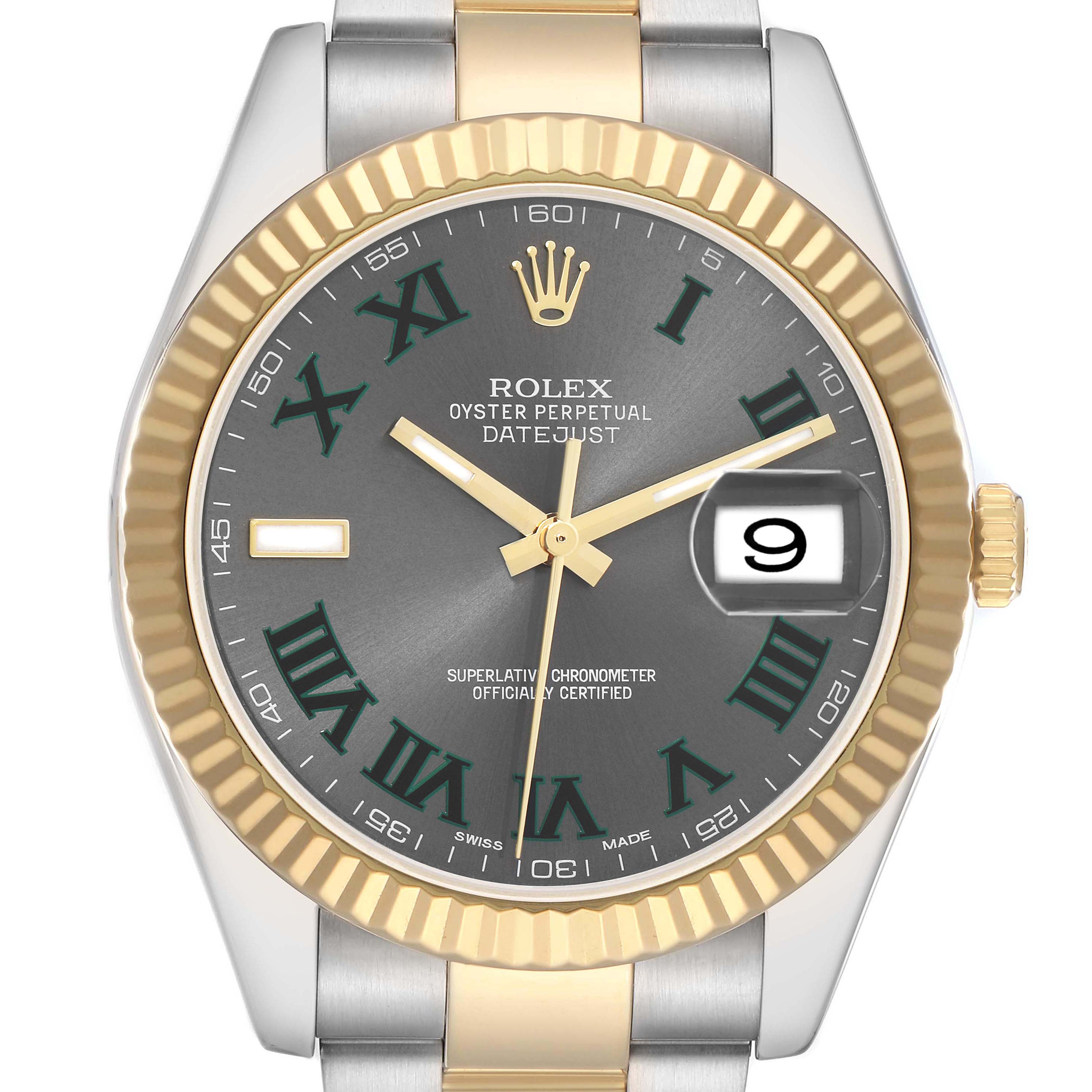 The Rolex Datejust 116333 Men
s Steel and Gold (two tone) Grey Dial watch is shown from the front, displaying the face, bezel, crown, and part of the bracelet.