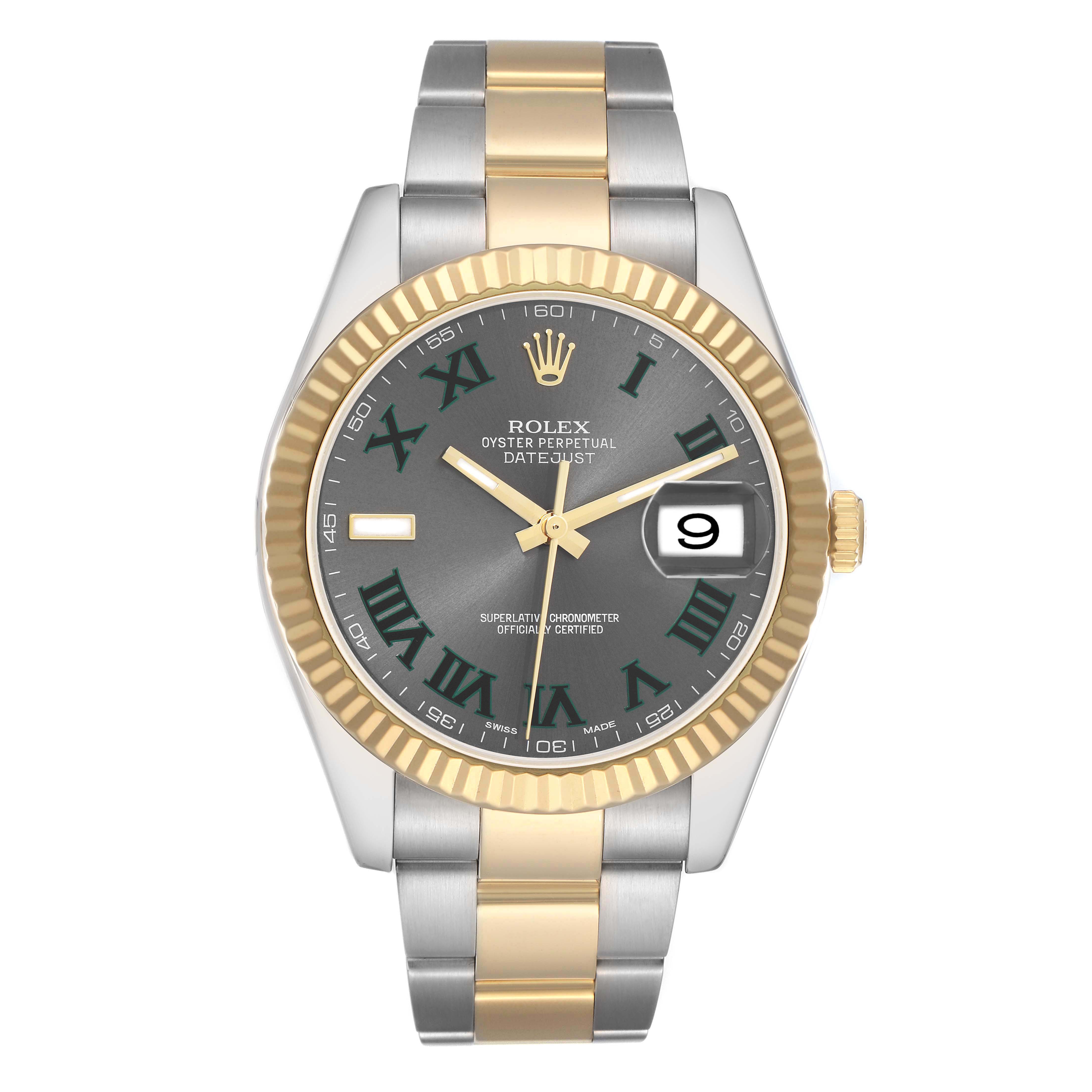 The Rolex Datejust 116333 Men
s Steel and Gold (two tone) Grey Dial is shown head-on, displaying its two-tone bracelet, fluted bezel, and gray dial with green Roman numerals.