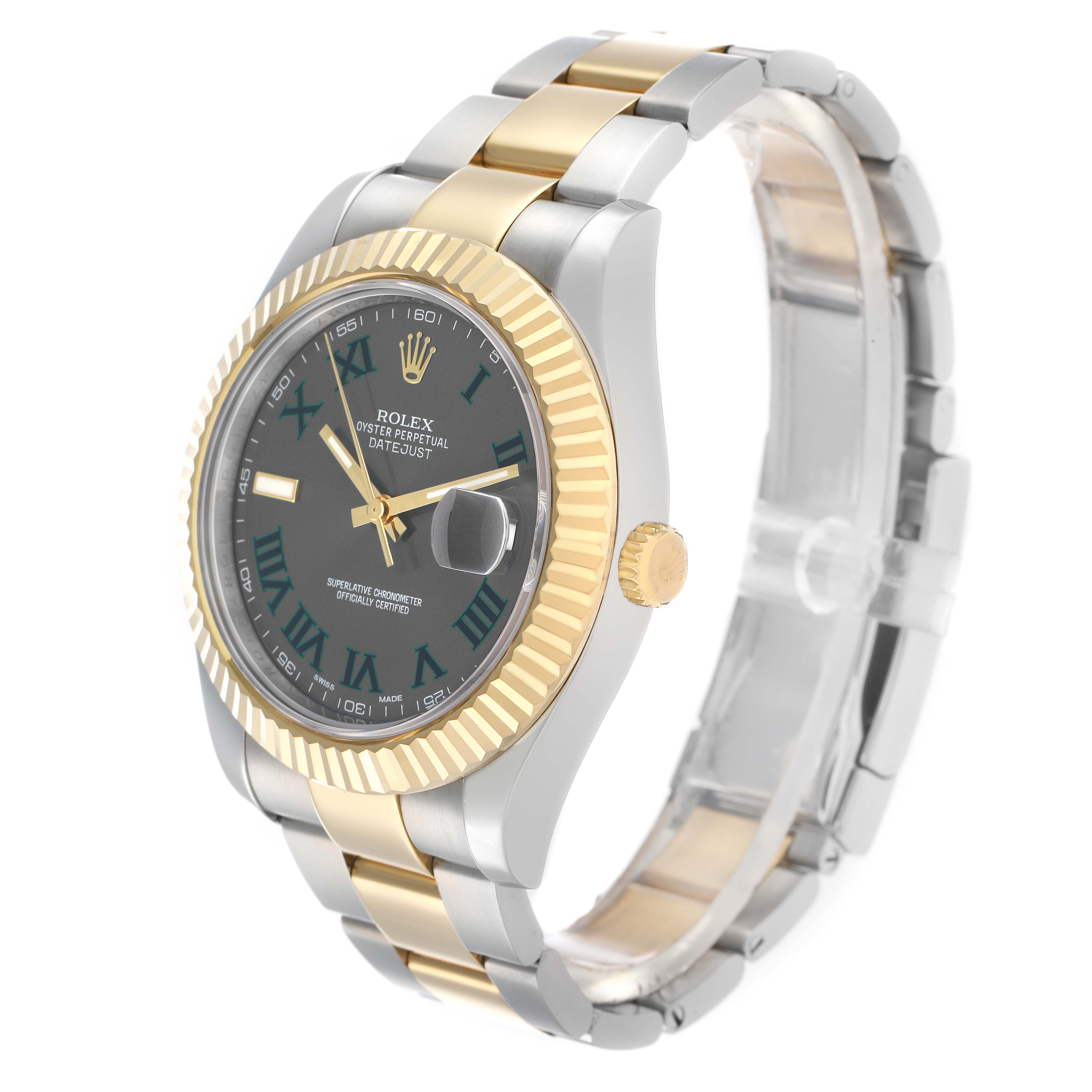 The Rolex Datejust 116333 Men
s Steel and Gold (two tone) Grey Dial watch is shown at a three-quarter angle, displaying the dial, bezel, crown, and part of the bracelet.