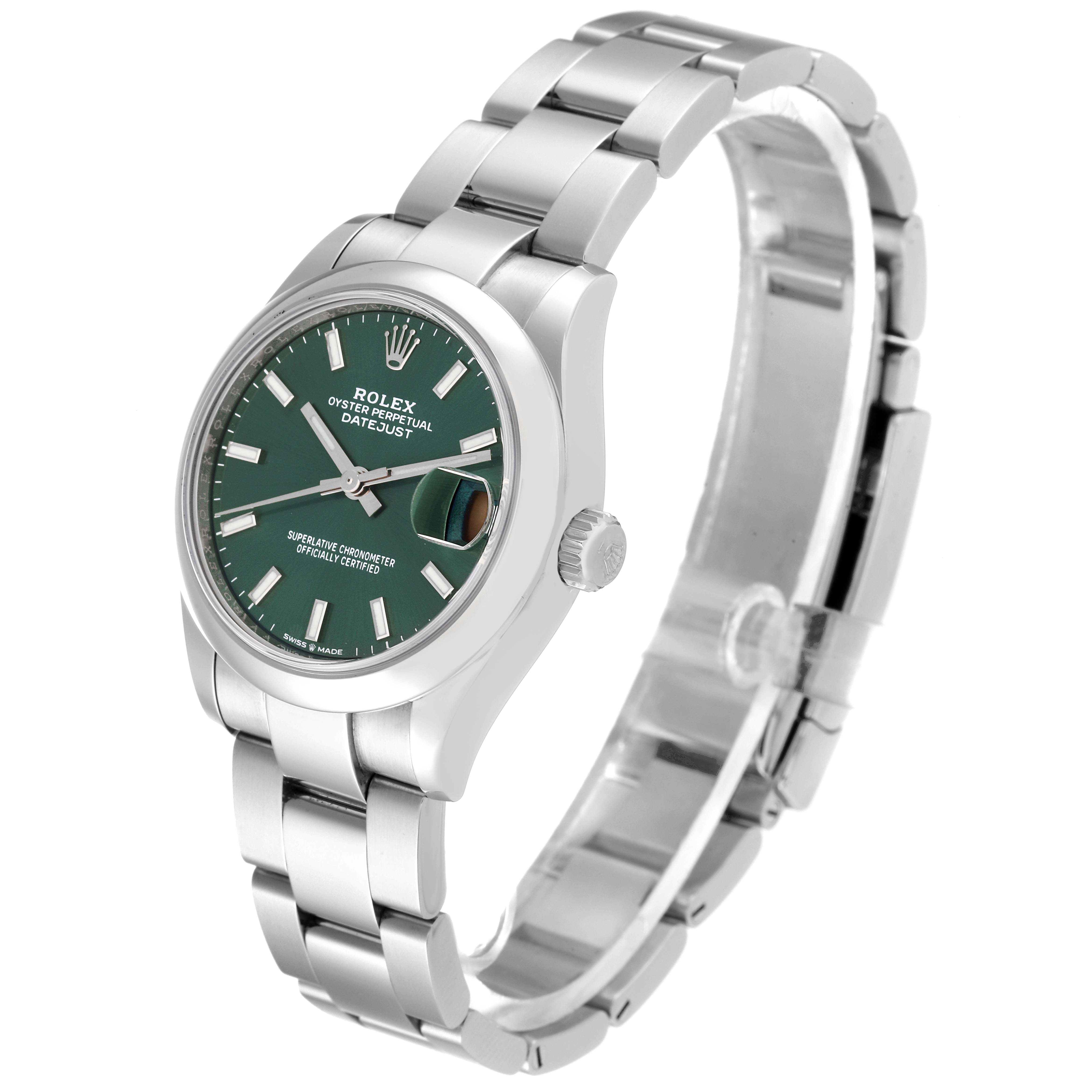 This Rolex Mid-Size 278240 Women's Stainless Steel Green Dial 278240 Women's Stainless Steel Green Dial model is shown at a front angle, displaying the face, bracelet, and crown.