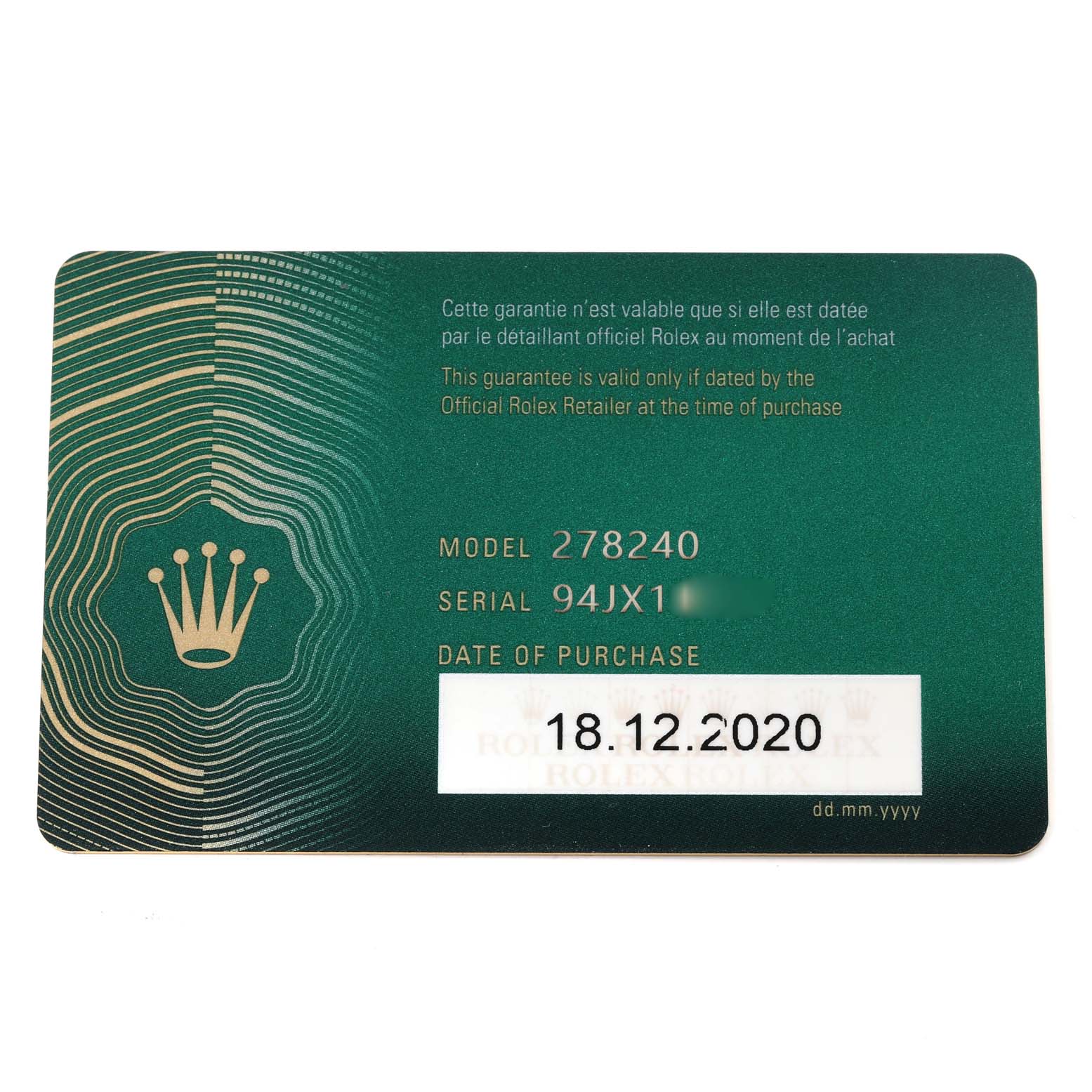 The image shows a guarantee card for a Rolex Mid-Size 278240 Women's Stainless Steel Green Dial 278240 Women's Stainless Steel Green Dial model 278240, indicating serial number and date of purchase.