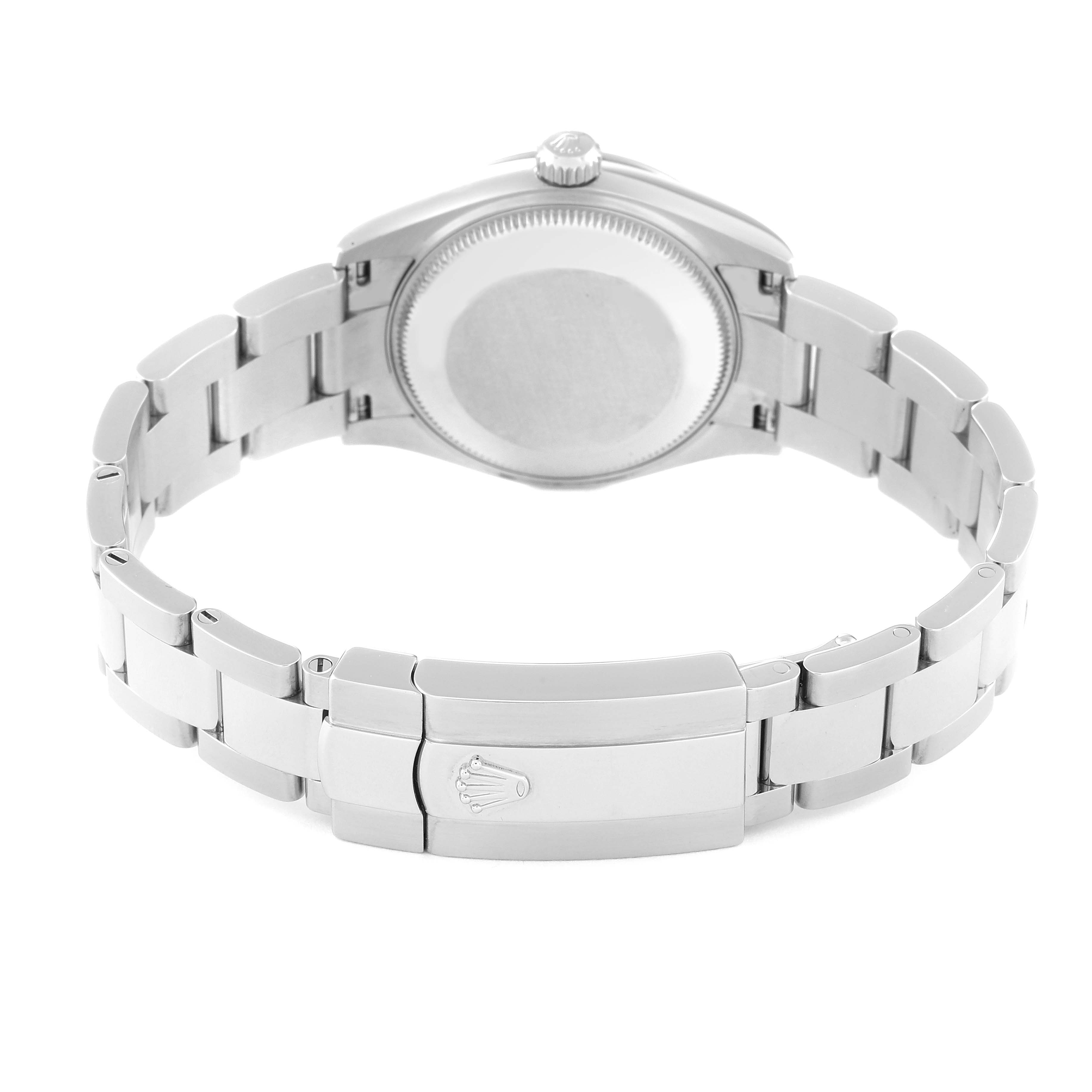 This image shows the back view of the Mid-Size Rolex watch, featuring the case back and bracelet with clasp.