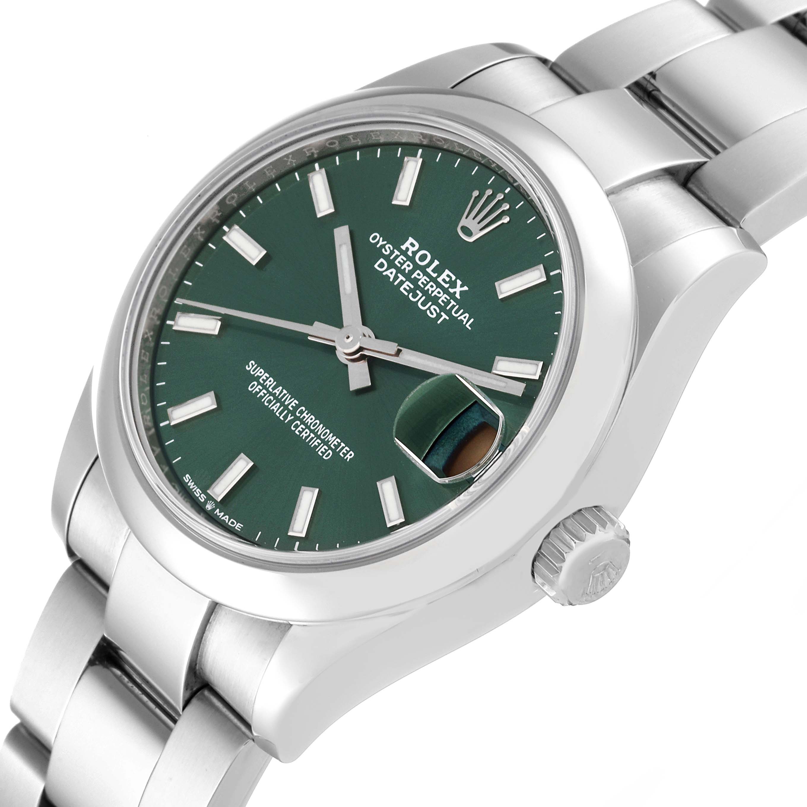 This image shows a Rolex Datejust Mid-Size watch at an angled close-up, highlighting the green dial, bezel, case, crown, and bracelet.