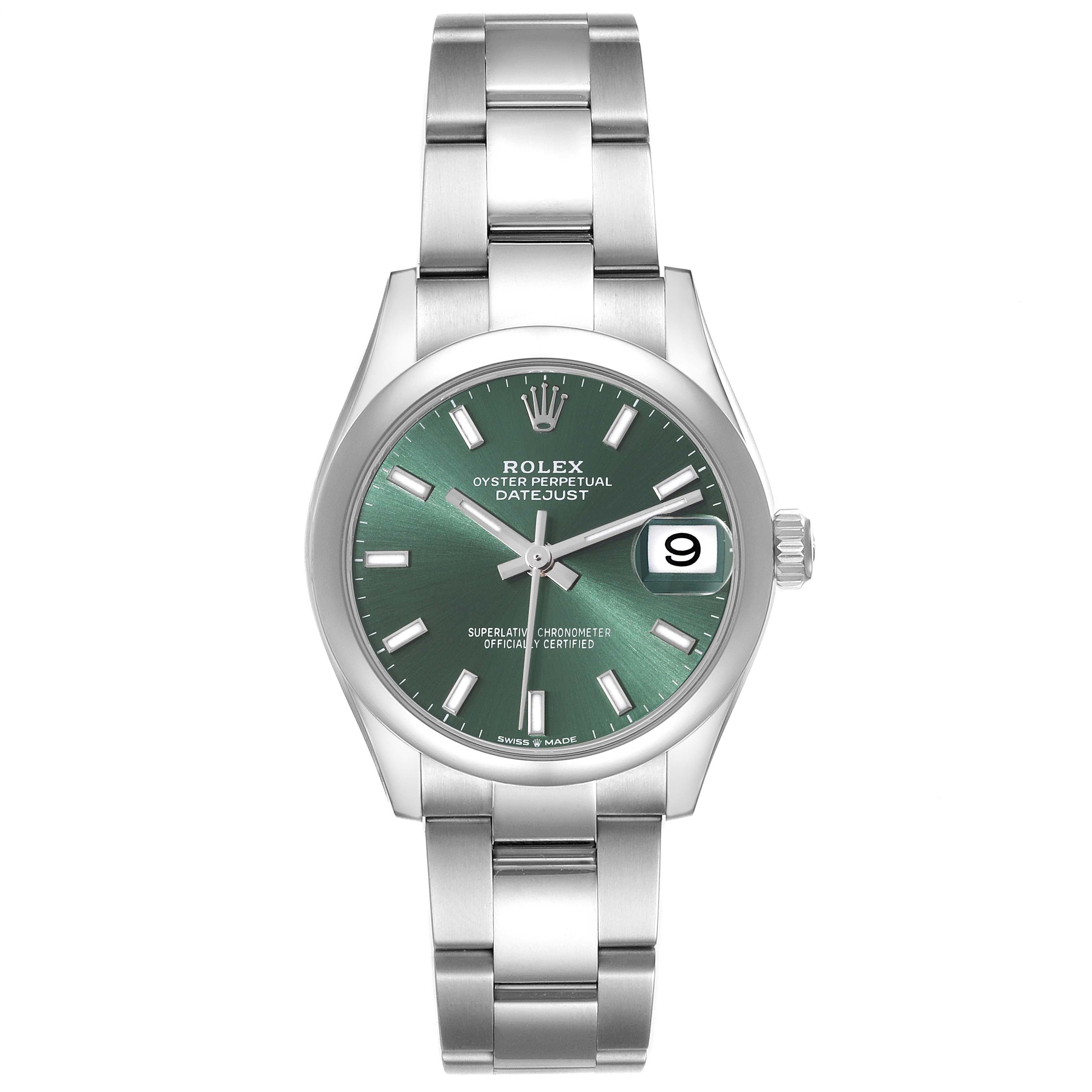 This Rolex Datejust Mid-Size watch is shown from a top-down perspective, highlighting its green dial and stainless steel bracelet.