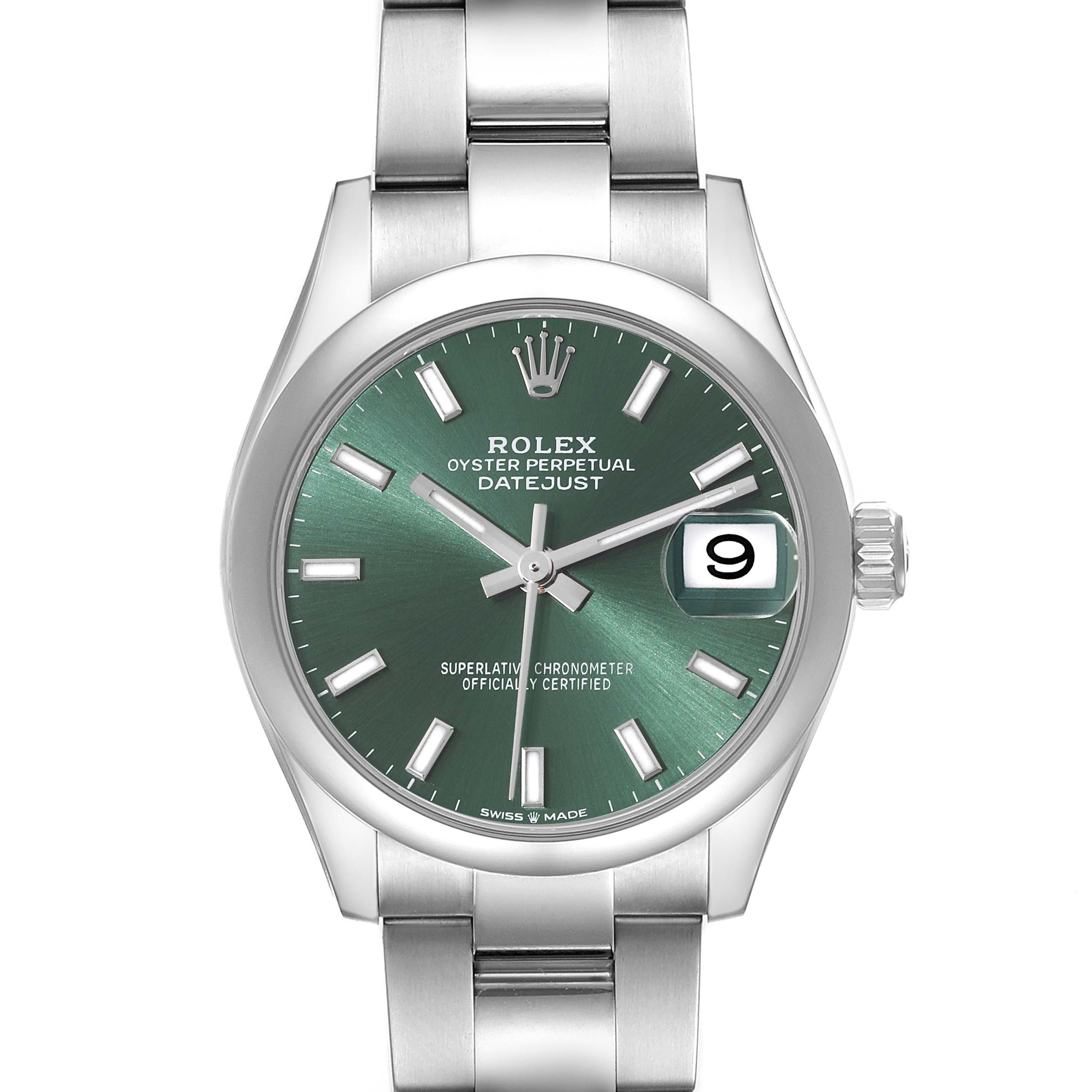This image shows a Rolex Mid-Size 278240 Women's Stainless Steel Green Dial 278240 Women's Stainless Steel Green Dial Oyster Perpetual Datejust watch from the front, featuring its green dial, date window, and stainless steel bracelet.