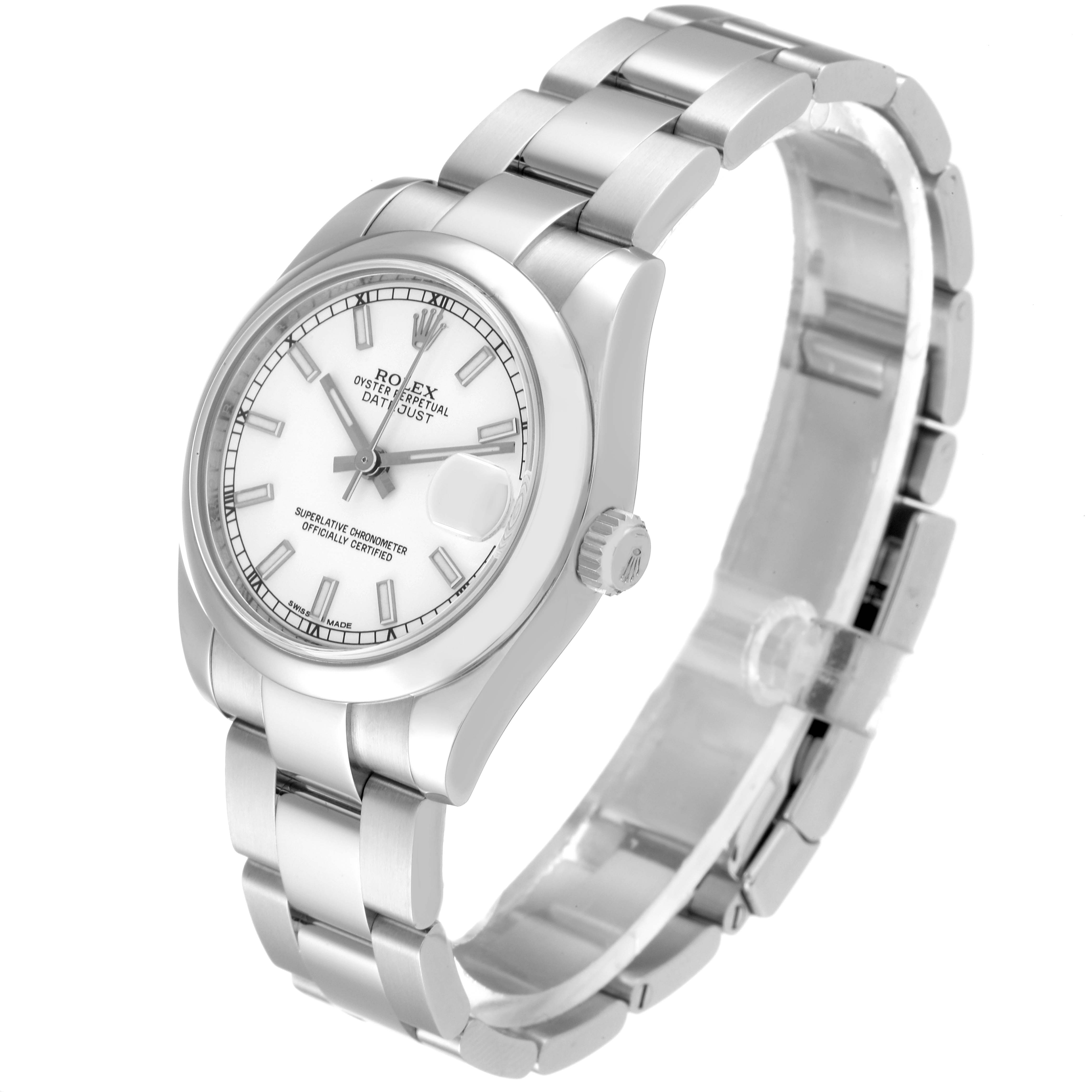 The Rolex Mid-Size 178240 Women
s Stainless Steel White Dial 178240 Women
s Stainless Steel White Dial model is shown from an angled front view, showcasing its face, bracelet, and crown.