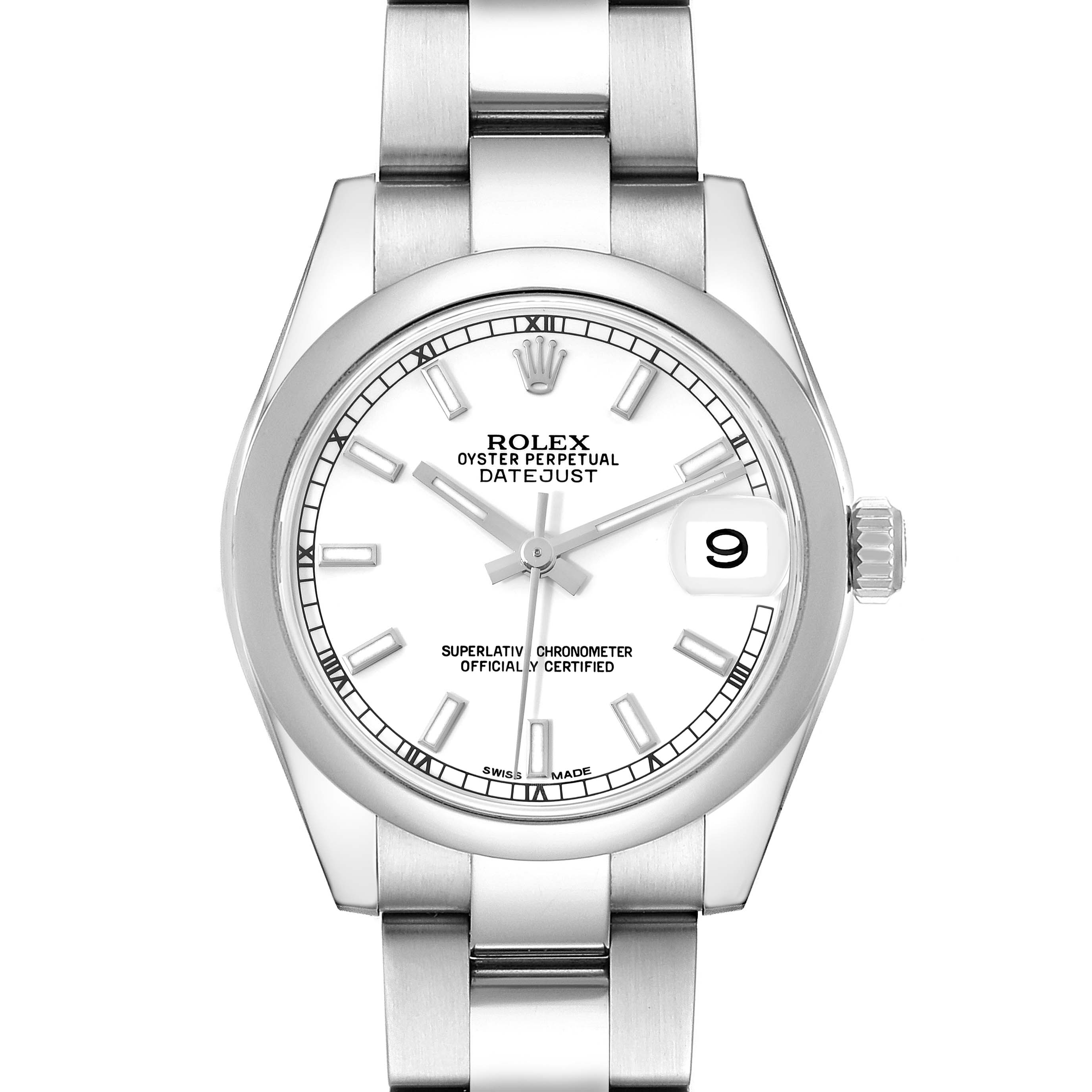The Rolex Mid-Size 178240 Women
s Stainless Steel White Dial 178240 Women
s Stainless Steel White Dial Datejust watch is shown from the front, highlighting its dial, hands, and steel bracelet.