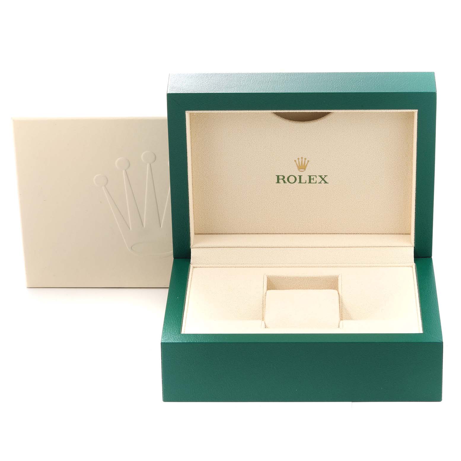 The image shows an open, green box of a Rolex Mid-Size 178240 Women
s Stainless Steel White Dial 178240 Women
s Stainless Steel White Dial model watch, with the Rolex logo on the interior.