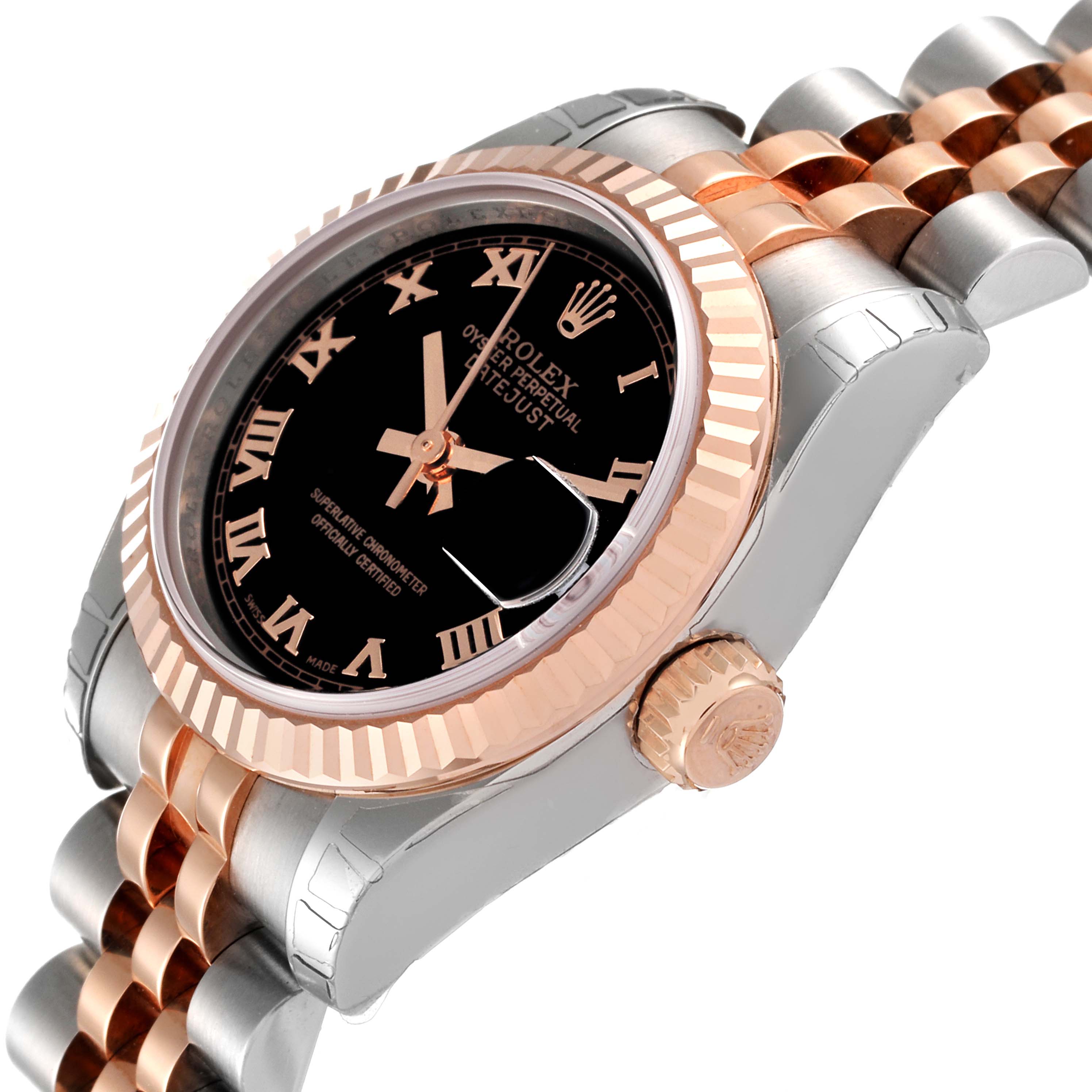 The image shows a close-up angled view of the Rolex Datejust 179171 Women's Steel and Gold (two tone) Black Dial 179171 Women's Steel and Gold (two tone) Black Dial watch, displaying the dial, bezel, crown, and part of the bracelet.