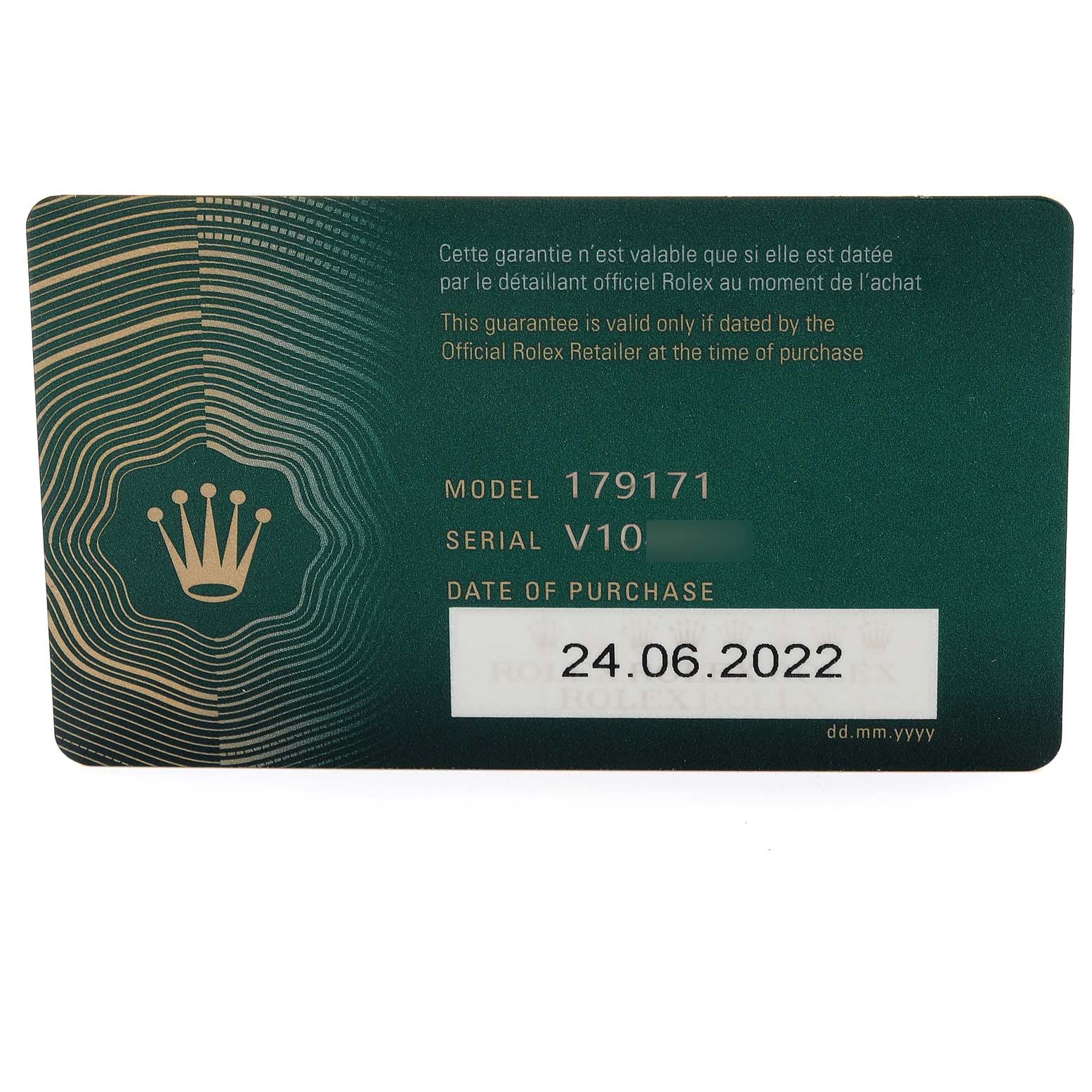 The image shows a warranty card for a Rolex Datejust 179171 Women's Steel and Gold (two tone) Black Dial 179171 Women's Steel and Gold (two tone) Black Dial model 179171, including the purchase date and serial number.