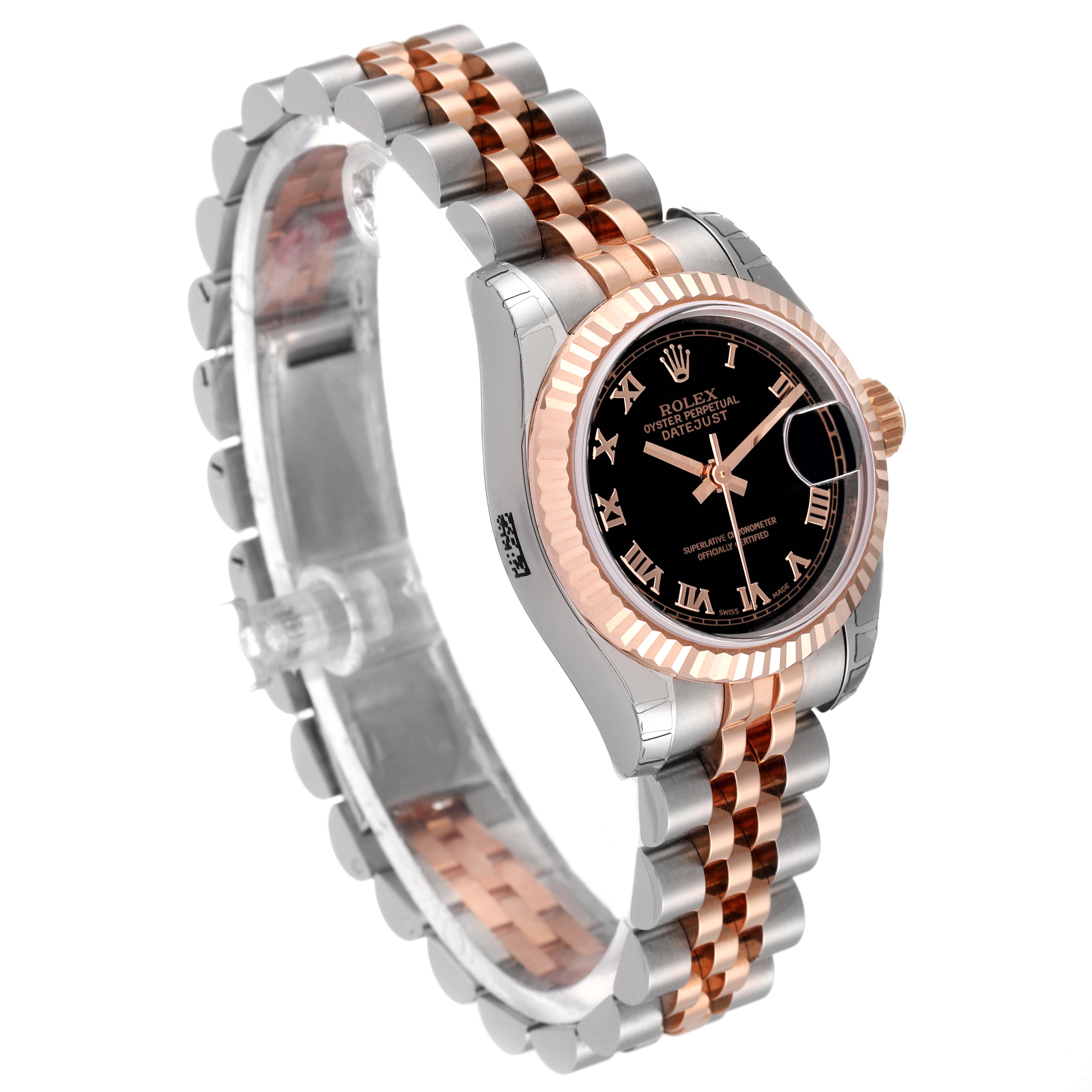 The Rolex Datejust 179171 Women's Steel and Gold (two tone) Black Dial 179171 Women's Steel and Gold (two tone) Black Dial watch is shown at a three-quarter angle, highlighting its black dial, fluted bezel, and two-tone bracelet.
