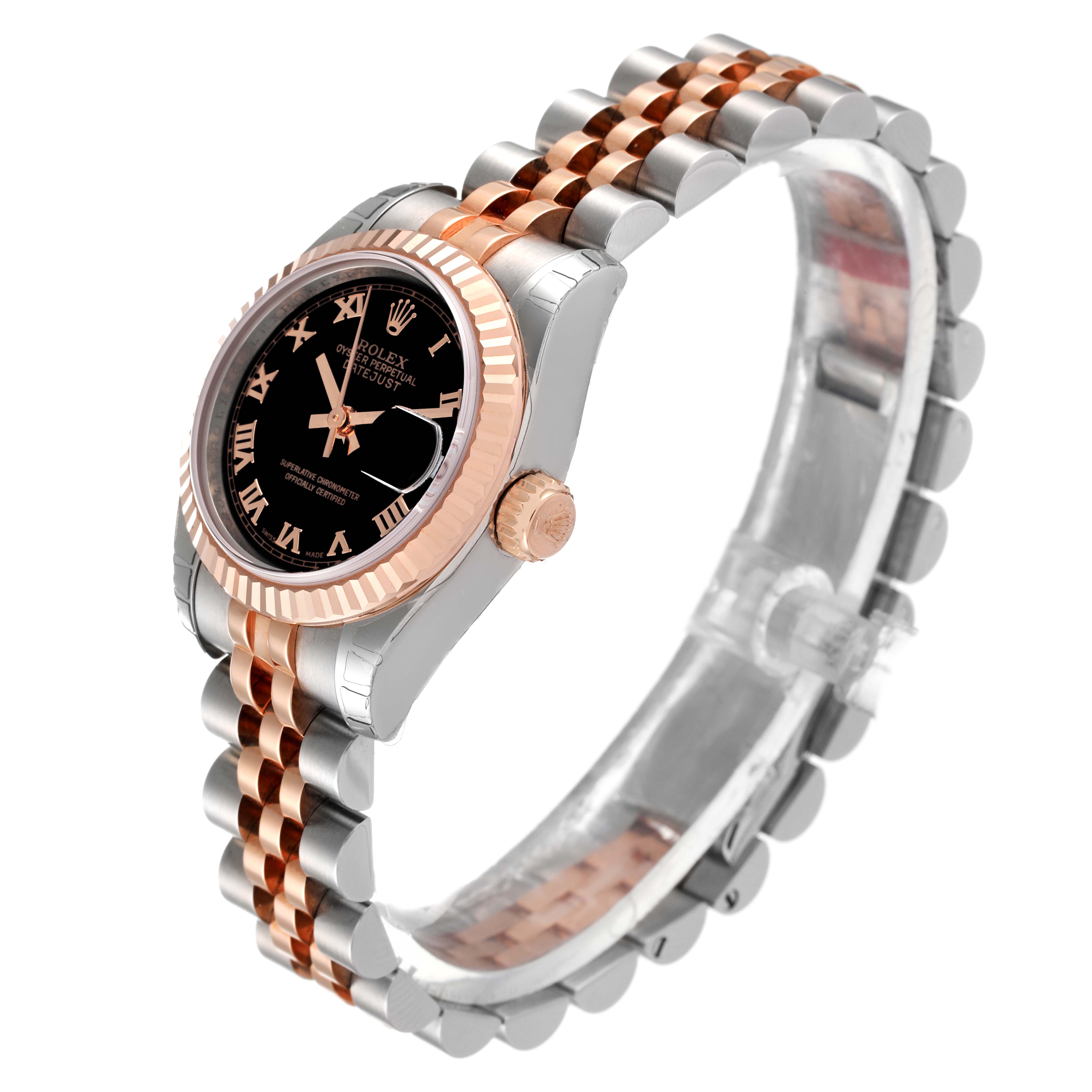 The image shows a side angle of a Rolex Datejust 179171 Women's Steel and Gold (two tone) Black Dial 179171 Women's Steel and Gold (two tone) Black Dial watch, displaying its two-tone bracelet, black dial, and fluted bezel.