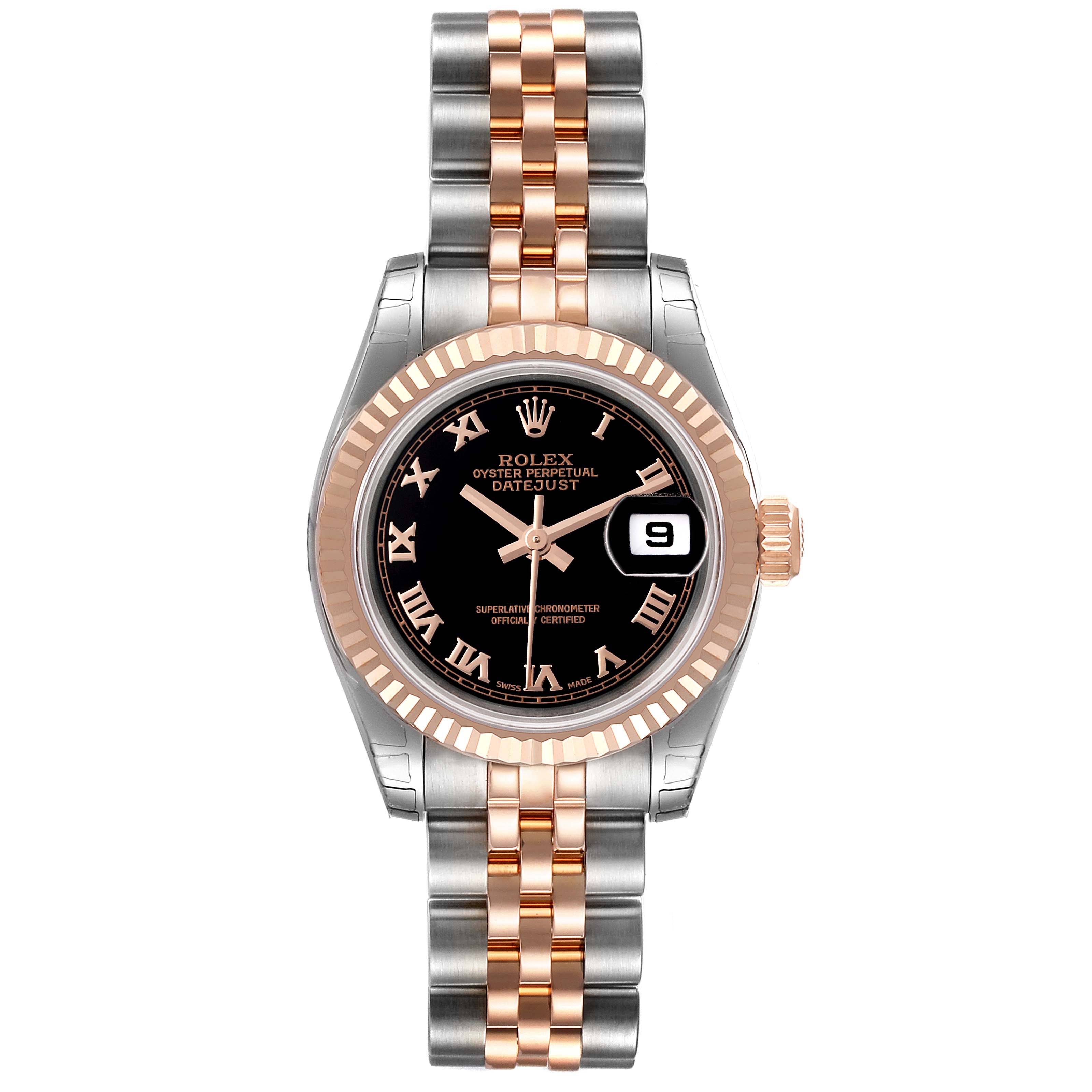 The image shows a Rolex Datejust 179171 Women's Steel and Gold (two tone) Black Dial 179171 Women's Steel and Gold (two tone) Black Dial watch with a two-tone metal strap, black dial, Roman numerals, and a date window at the 3 o'clock position.