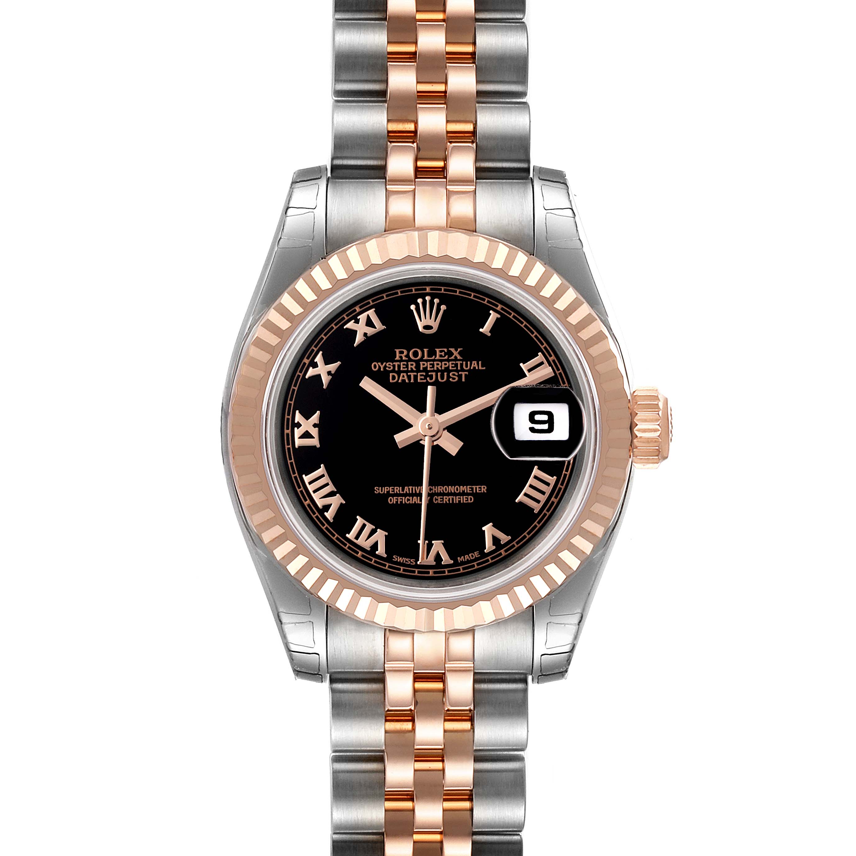 This is a front view of a Rolex Datejust 179171 Women's Steel and Gold (two tone) Black Dial 179171 Women's Steel and Gold (two tone) Black Dial watch showing the face, bezel, crown, and two-tone bracelet.