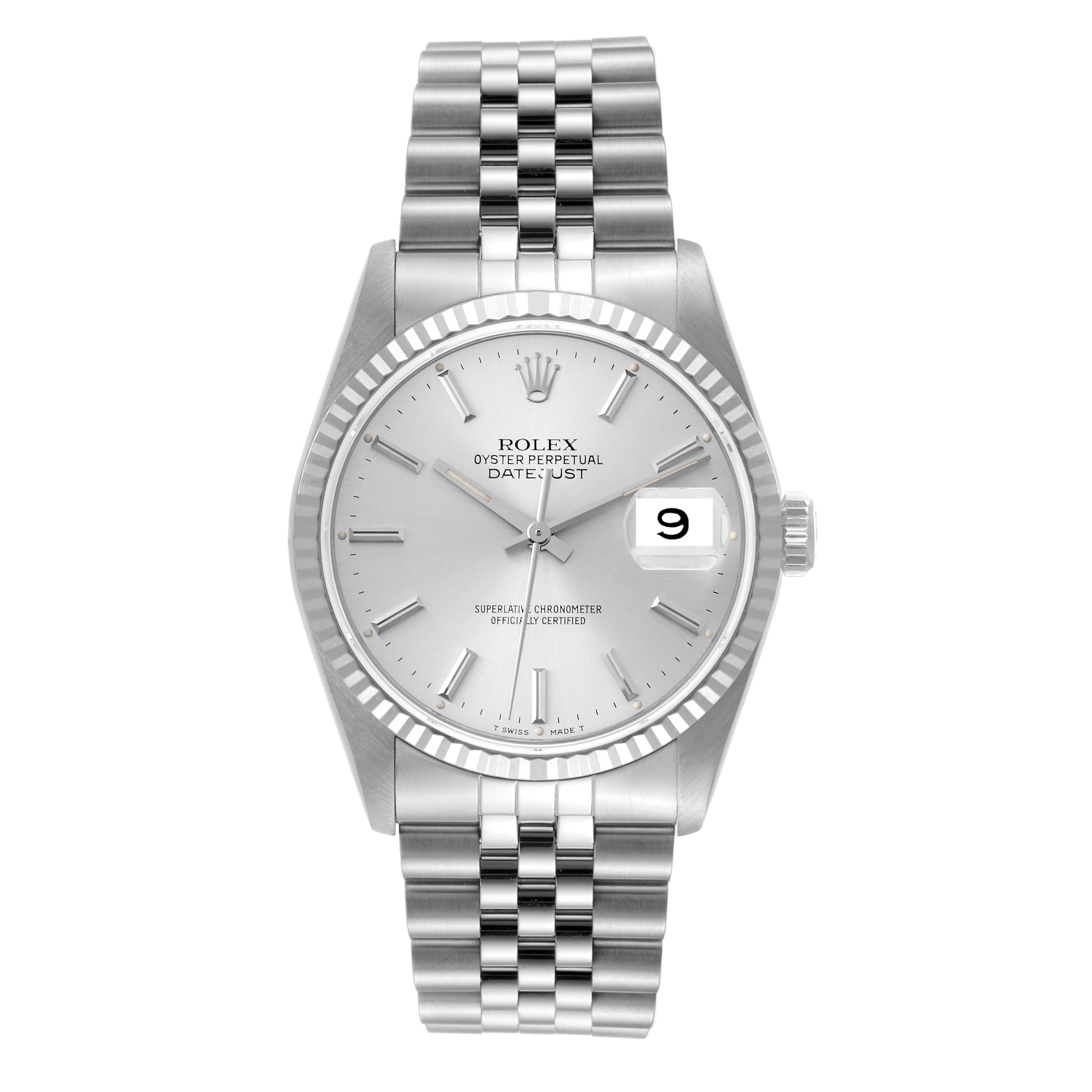The image shows a frontal view of the Rolex Datejust 16234 Men's Stainless Steel Silver Dial 16234 Men's Stainless Steel Silver Dial watch, highlighting its dial, bezel, and bracelet.