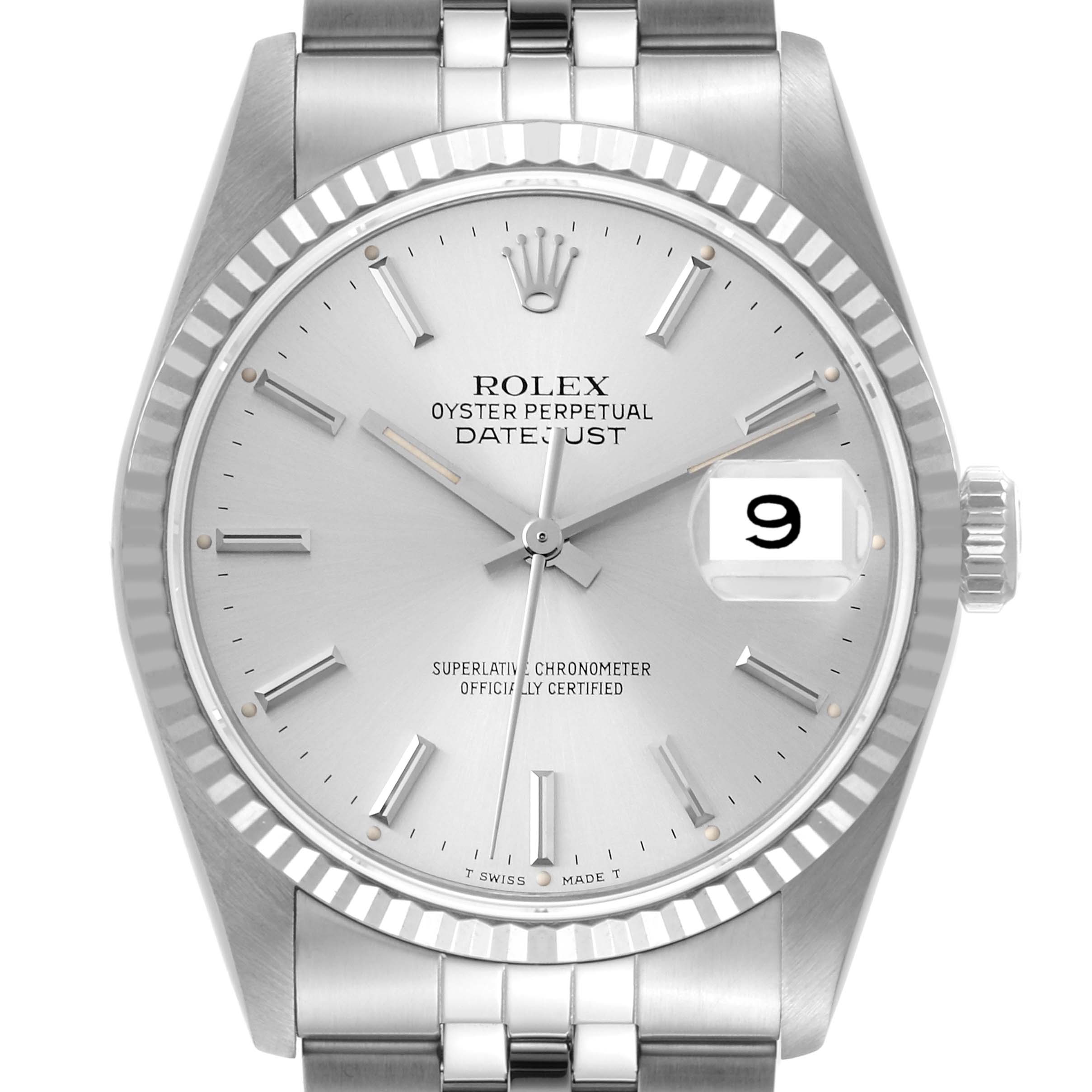 The image shows a front view of the Rolex Datejust 16234 Men's Stainless Steel Silver Dial 16234 Men's Stainless Steel Silver Dial watch, highlighting the dial, bezel, crown, and part of the bracelet.