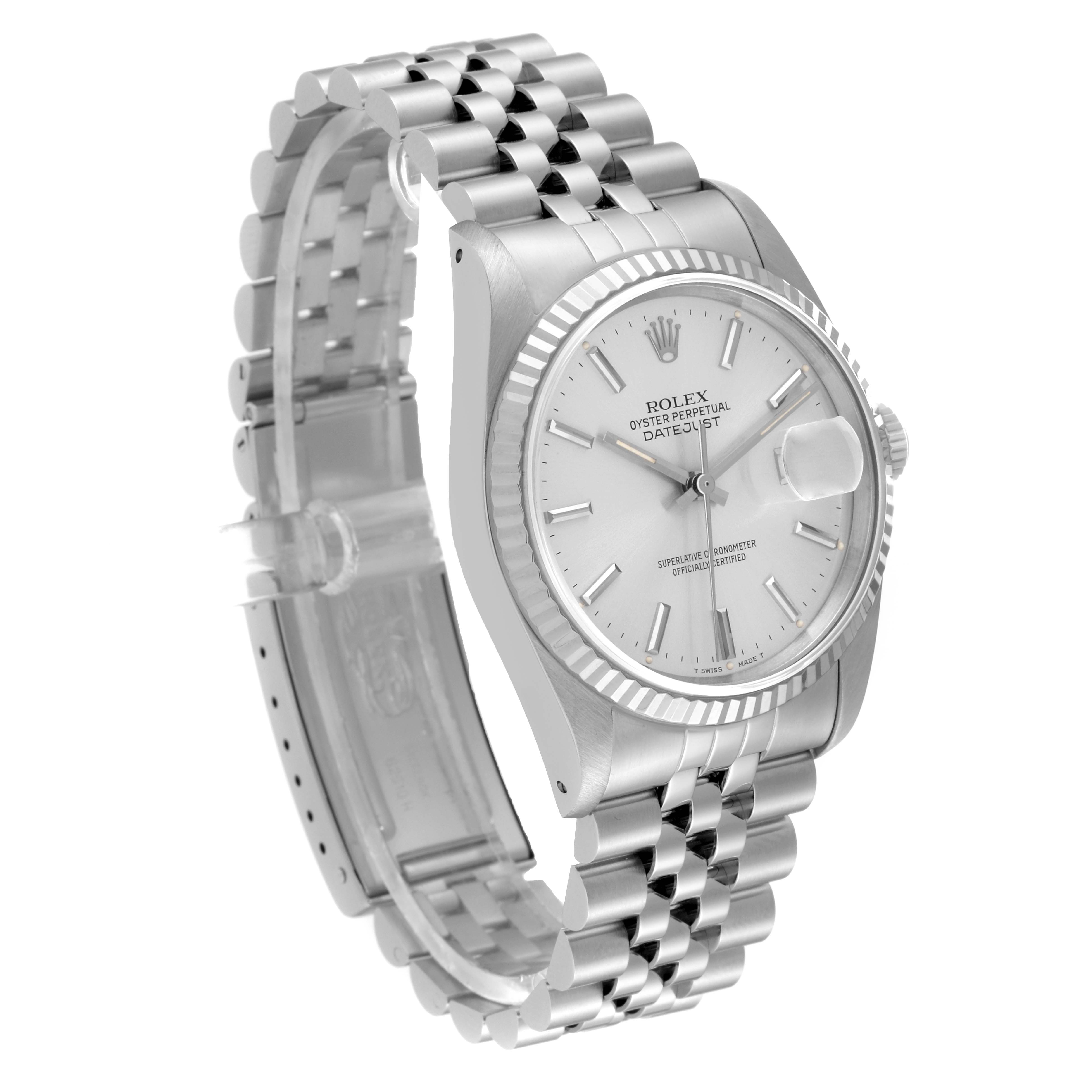 This image shows a side angle of a Rolex Datejust 16234 Men's Stainless Steel Silver Dial 16234 Men's Stainless Steel Silver Dial watch, highlighting the face, bezel, case, and Jubilee bracelet.