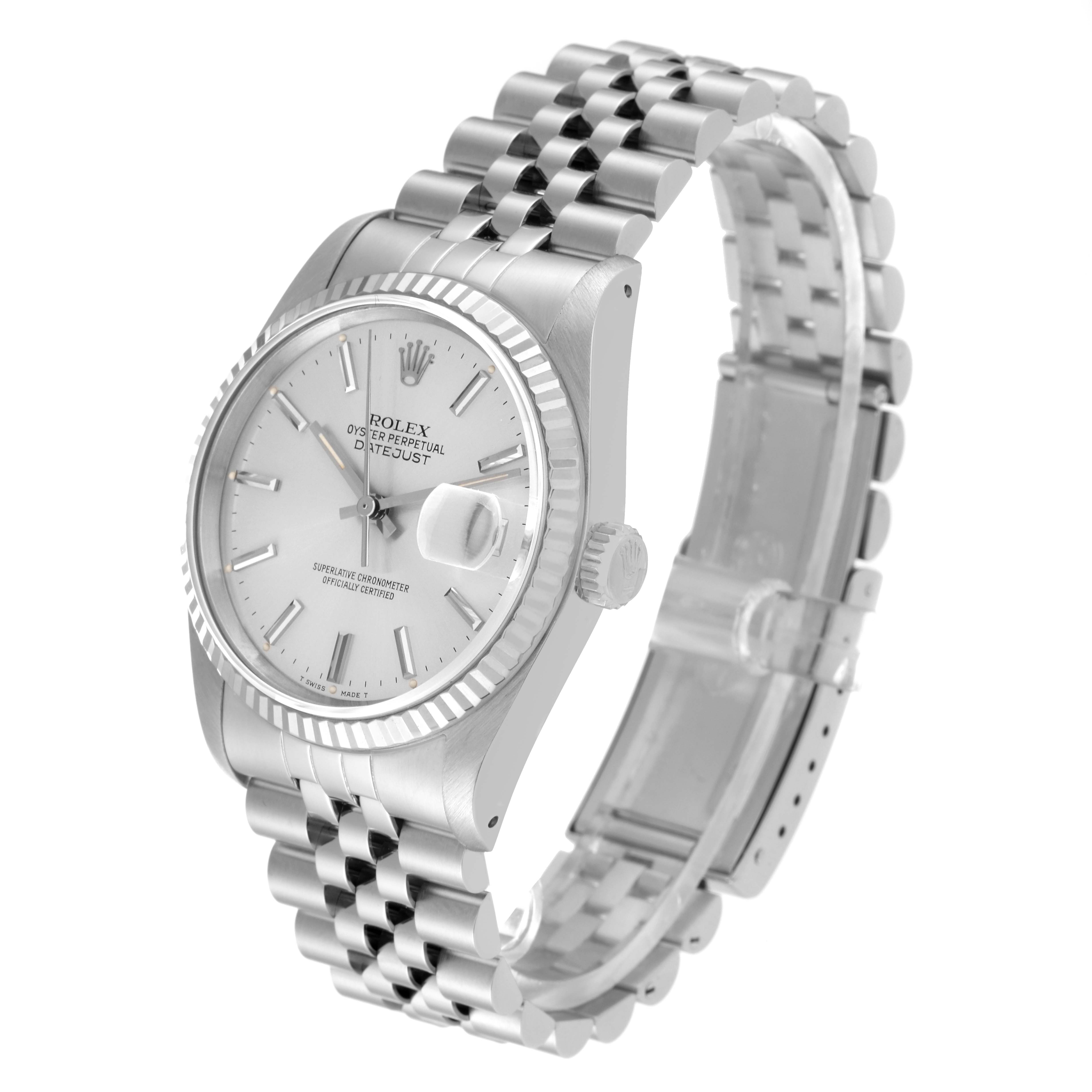 This image shows a Rolex Datejust 16234 Men's Stainless Steel Silver Dial 16234 Men's Stainless Steel Silver Dial watch at a slightly angled side view, highlighting the dial, bezel, and Jubilee bracelet.
