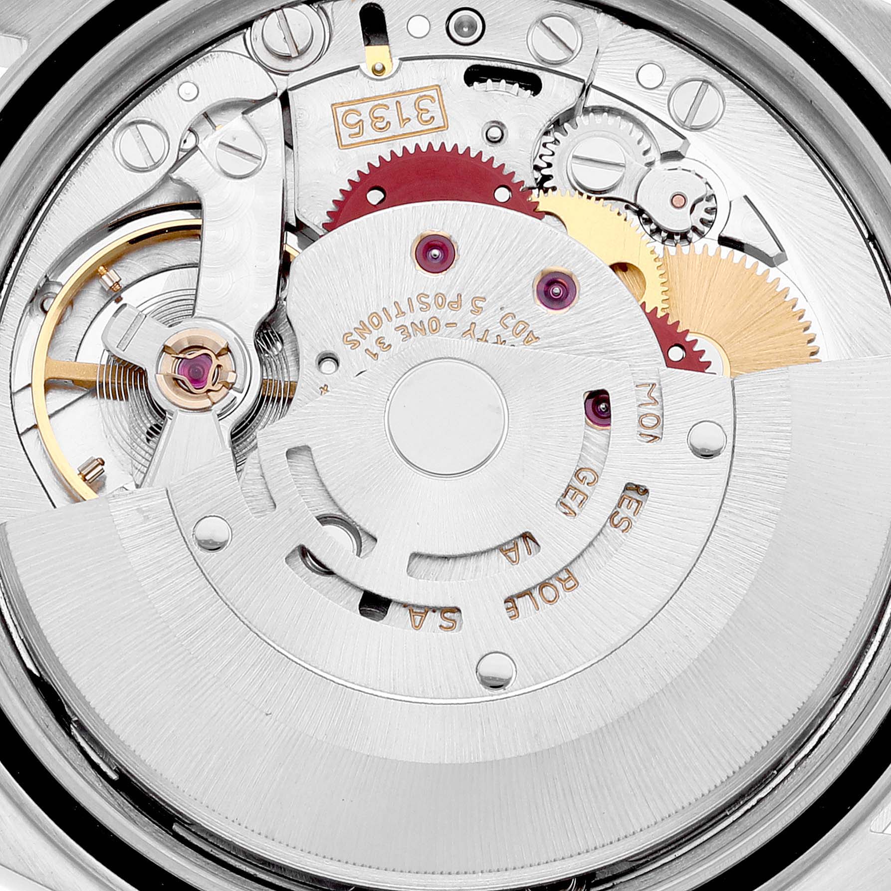 This is an up-close view of the movement mechanism inside a Rolex Datejust 16234 Men's Stainless Steel Silver Dial 16234 Men's Stainless Steel Silver Dial watch.