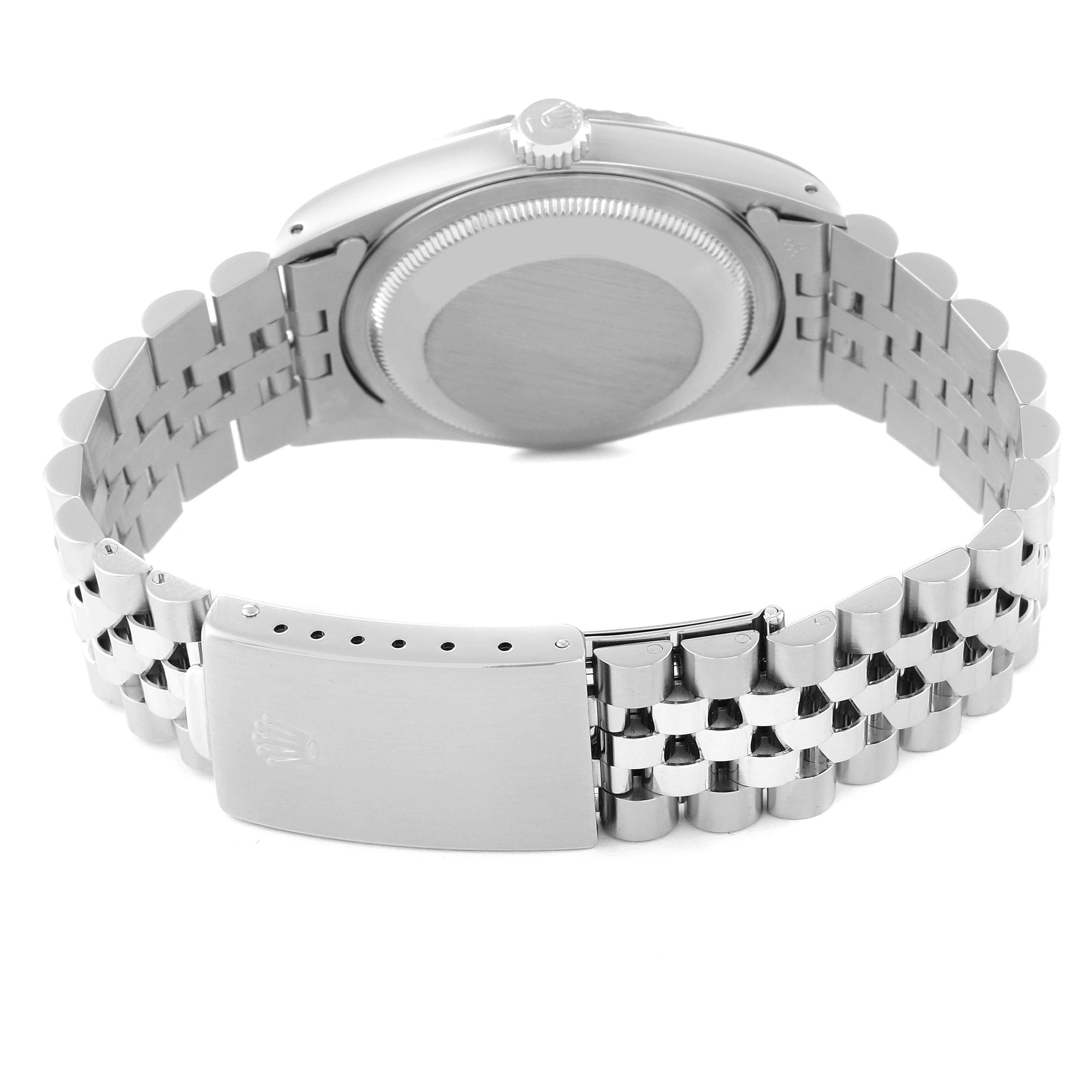 The image shows the back view of a Rolex Datejust 16234 Men's Stainless Steel Silver Dial 16234 Men's Stainless Steel Silver Dial watch, highlighting its bracelet and clasp.