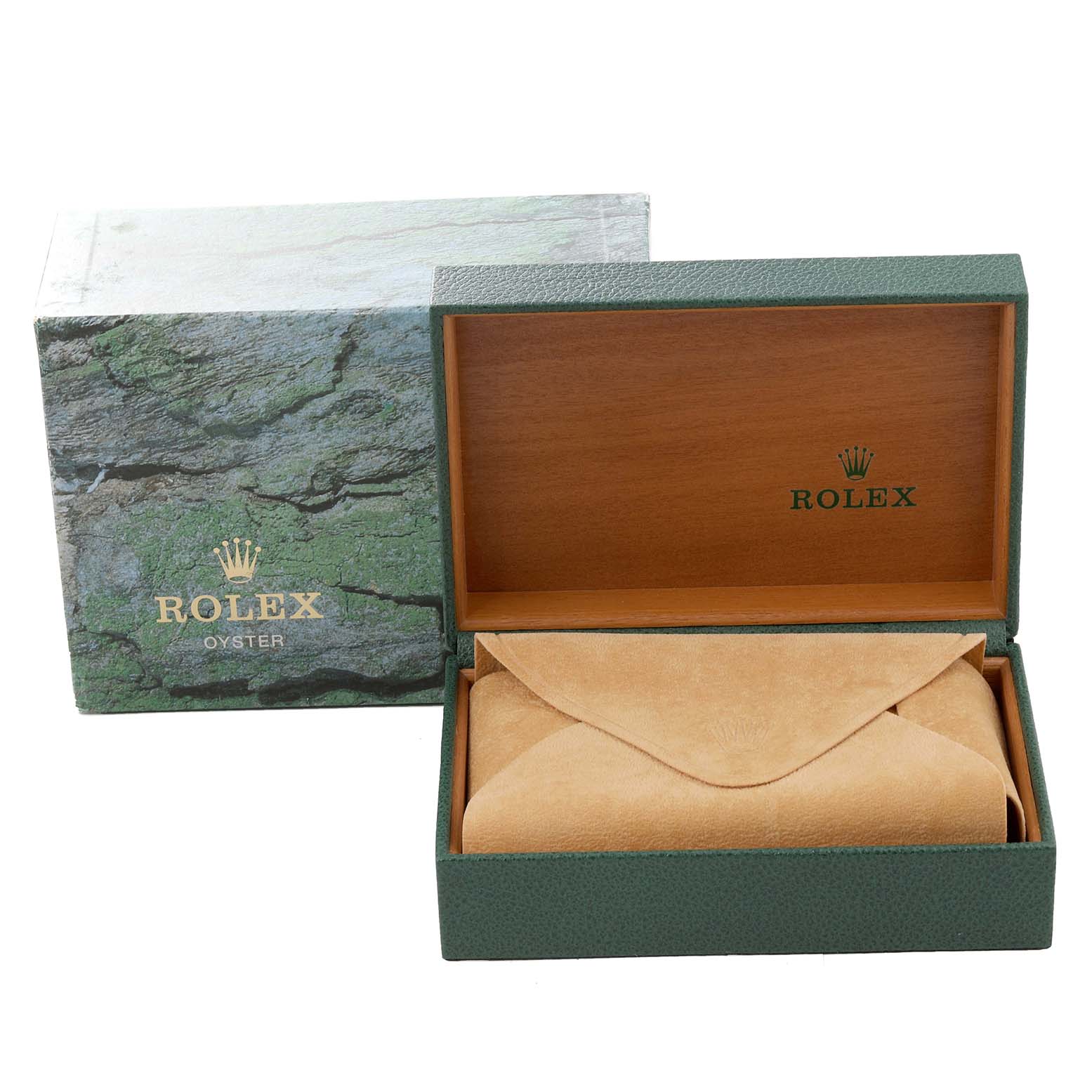 This image shows a Rolex Datejust 16234 Men's Stainless Steel Silver Dial 16234 Men's Stainless Steel Silver Dial watch box and travel pouch, with the box open to reveal the suede envelope inside.