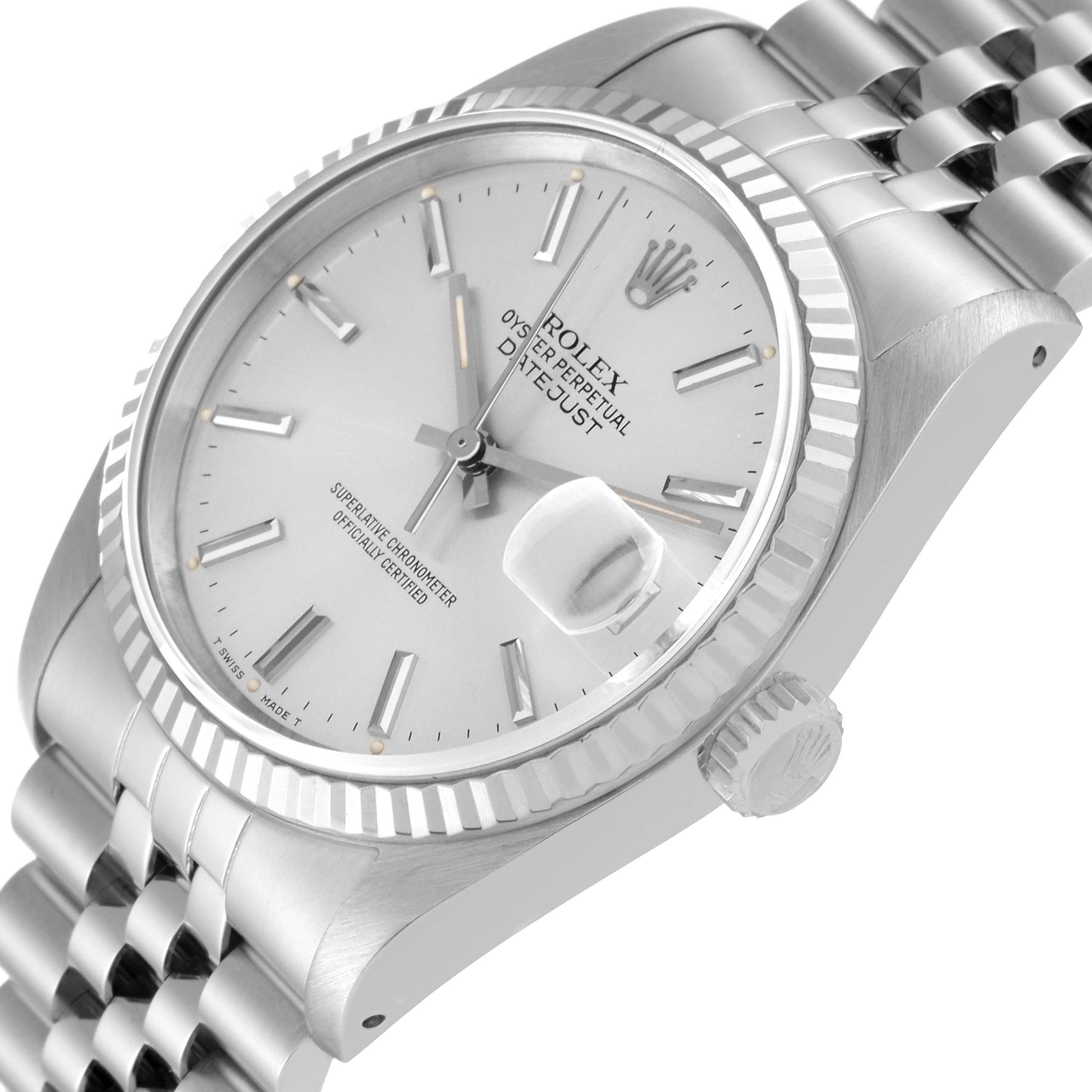 This image shows the Rolex Datejust 16234 Men's Stainless Steel Silver Dial 16234 Men's Stainless Steel Silver Dial watch at a slight angle, highlighting the dial, fluted bezel, crown, and part of the bracelet.
