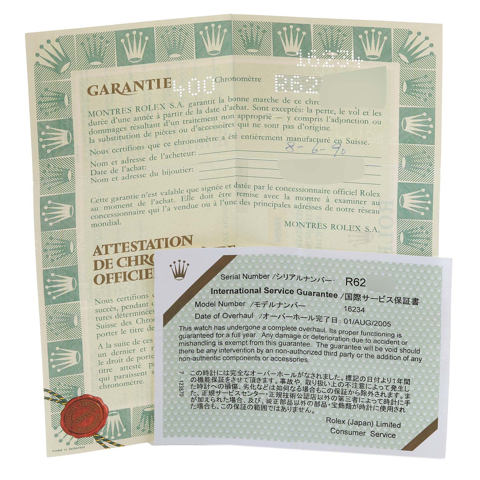 The image shows the international service guarantee and chronometer certificate of the Rolex Datejust 16234 Men's Stainless Steel Silver Dial 16234 Men's Stainless Steel Silver Dial model.