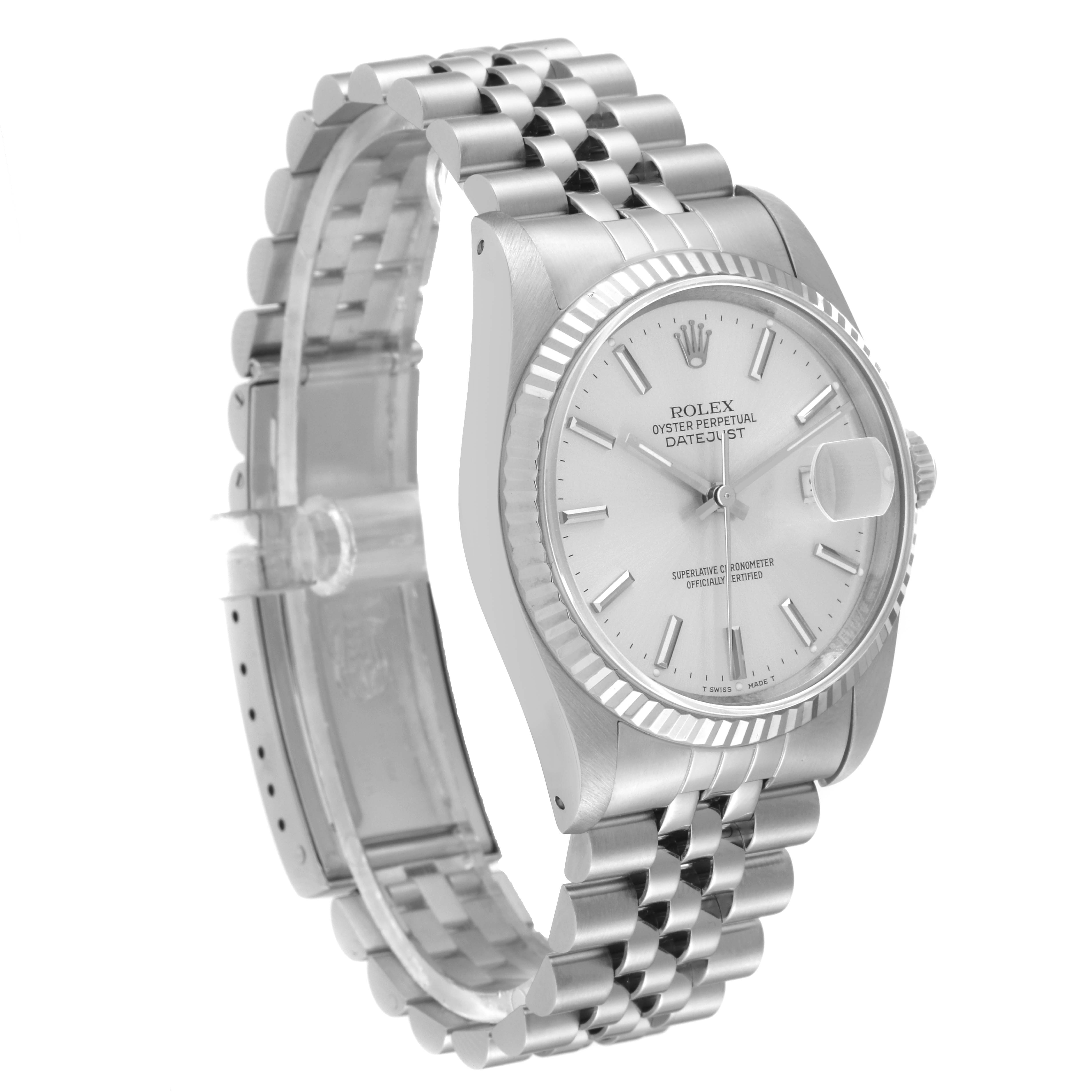 The Rolex Datejust 16234 Men's Stainless Steel Silver Dial 16234 Men's Stainless Steel Silver Dial watch is shown at a three-quarter angle, highlighting its dial, fluted bezel, and Jubilee bracelet.