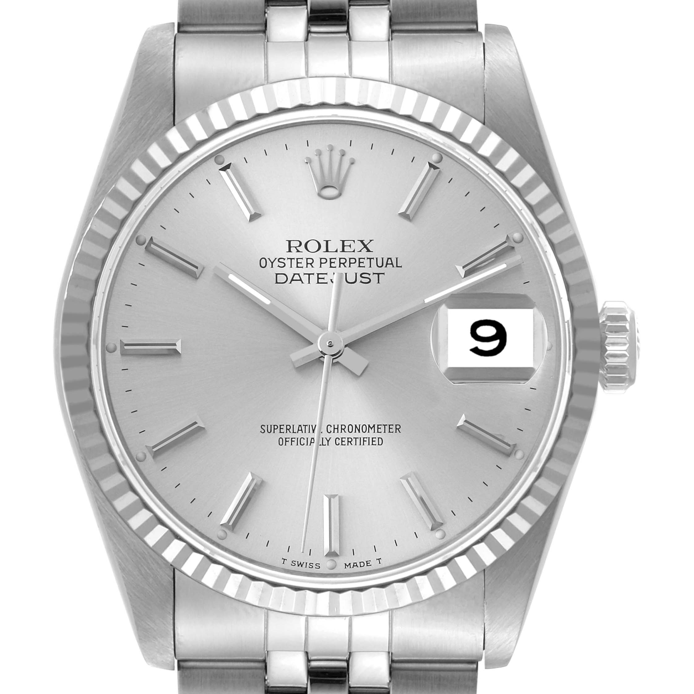 The Datejust model by Rolex is shown from the front, highlighting its face, bezel, dial, and part of the bracelet.