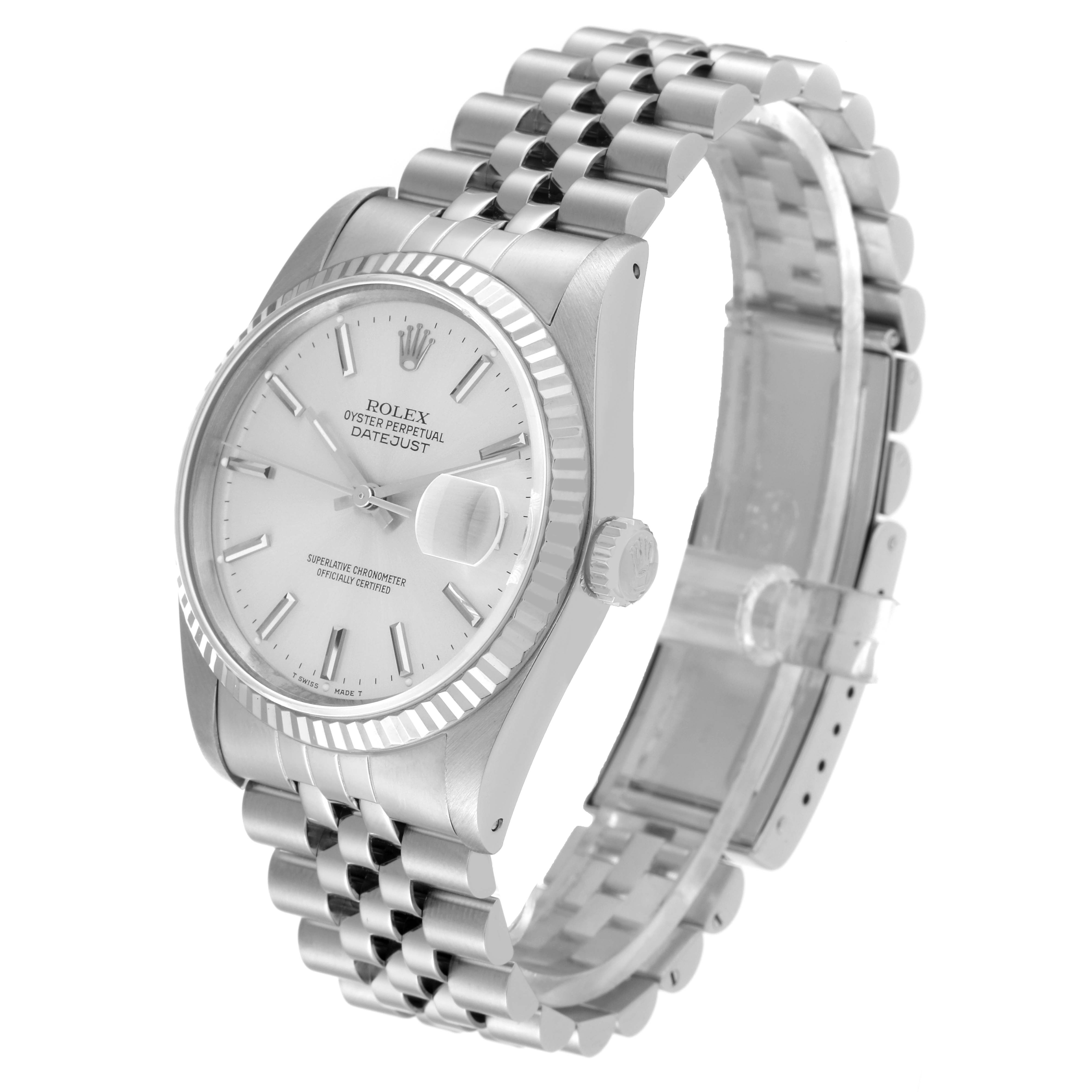 The image shows a Rolex Datejust 16234 Men's Stainless Steel Silver Dial 16234 Men's Stainless Steel Silver Dial watch at an angled view, displaying the dial, bezel, and bracelet.