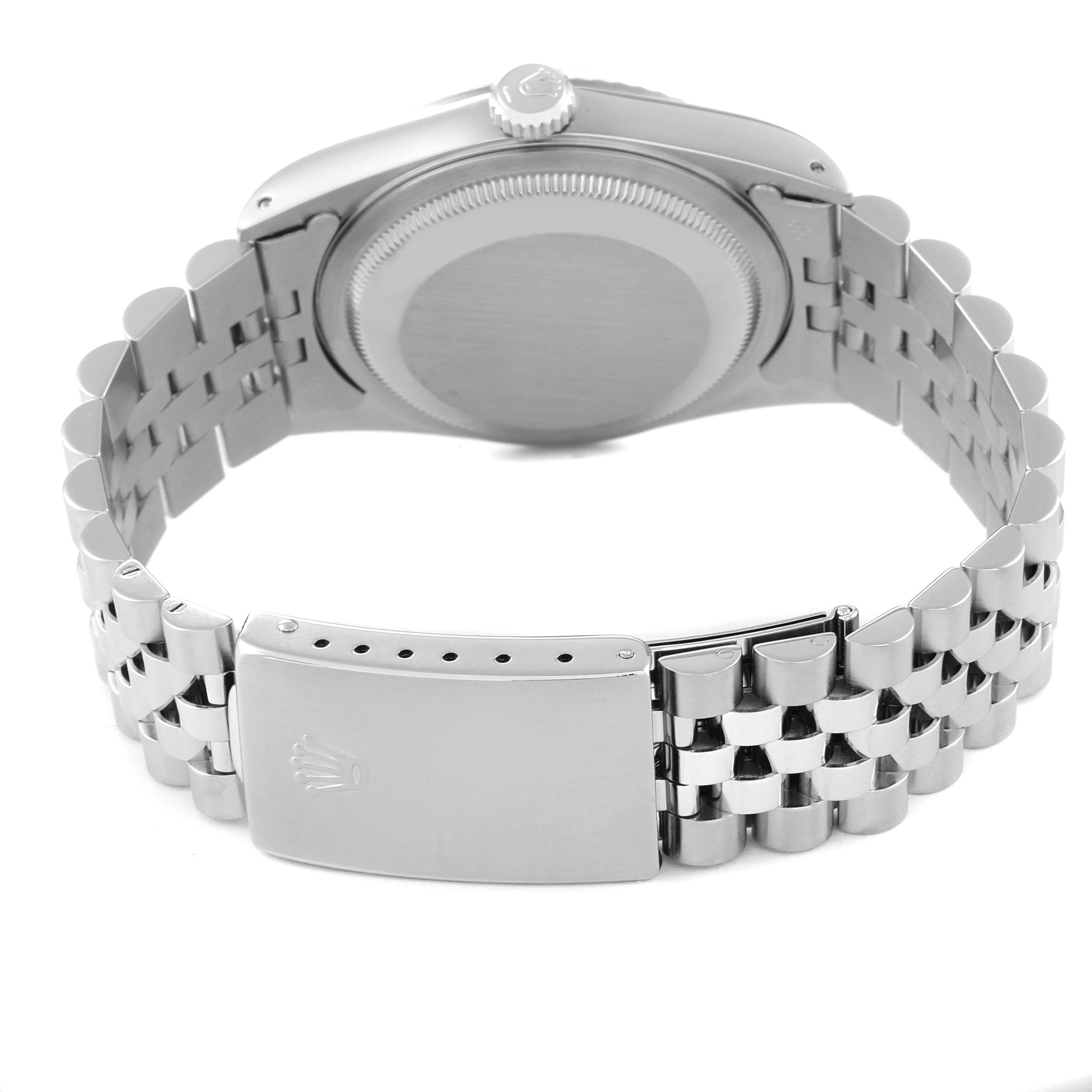 The image shows the back view of a Rolex Datejust 16234 Men's Stainless Steel Silver Dial 16234 Men's Stainless Steel Silver Dial watch, focusing on the closed clasp and jubilee bracelet.