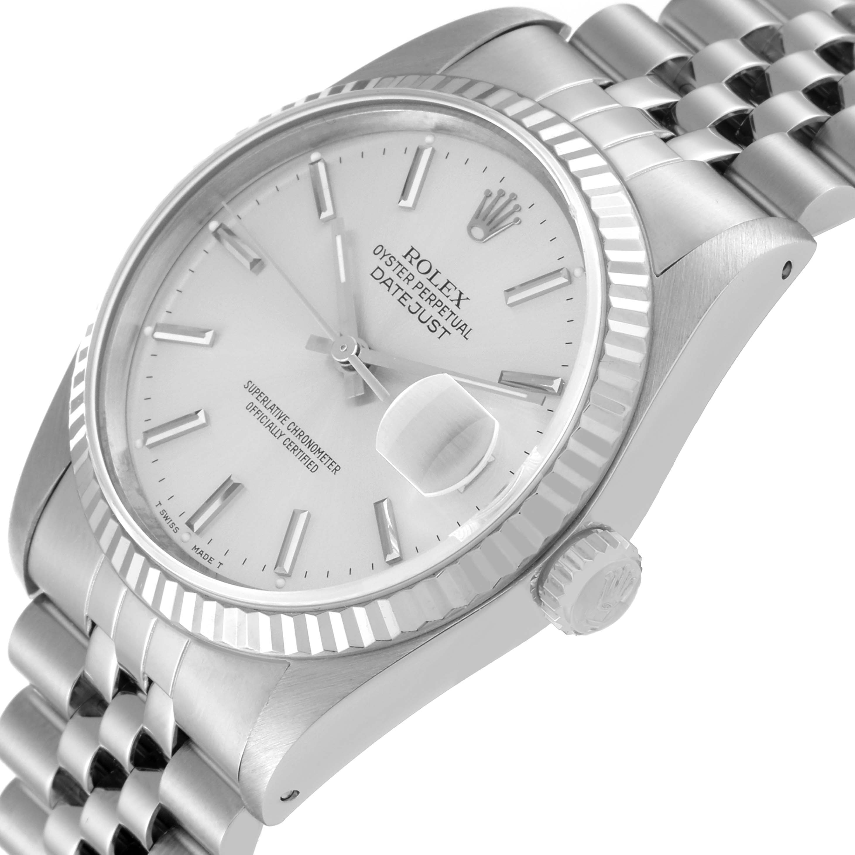 The image shows a close-up side angle of the Rolex Datejust 16234 Men's Stainless Steel Silver Dial 16234 Men's Stainless Steel Silver Dial watch, highlighting the dial, bezel, crown, and part of the bracelet.