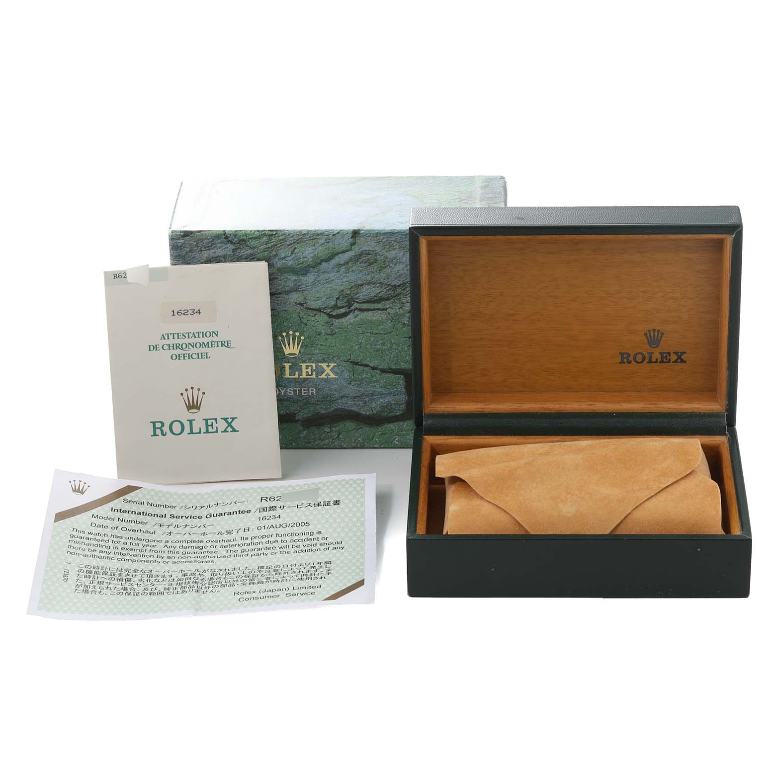 The image shows the packaging and documents for a Rolex Datejust 16234 Men's Stainless Steel Silver Dial 16234 Men's Stainless Steel Silver Dial, including the box and warranty card, from a front angle.