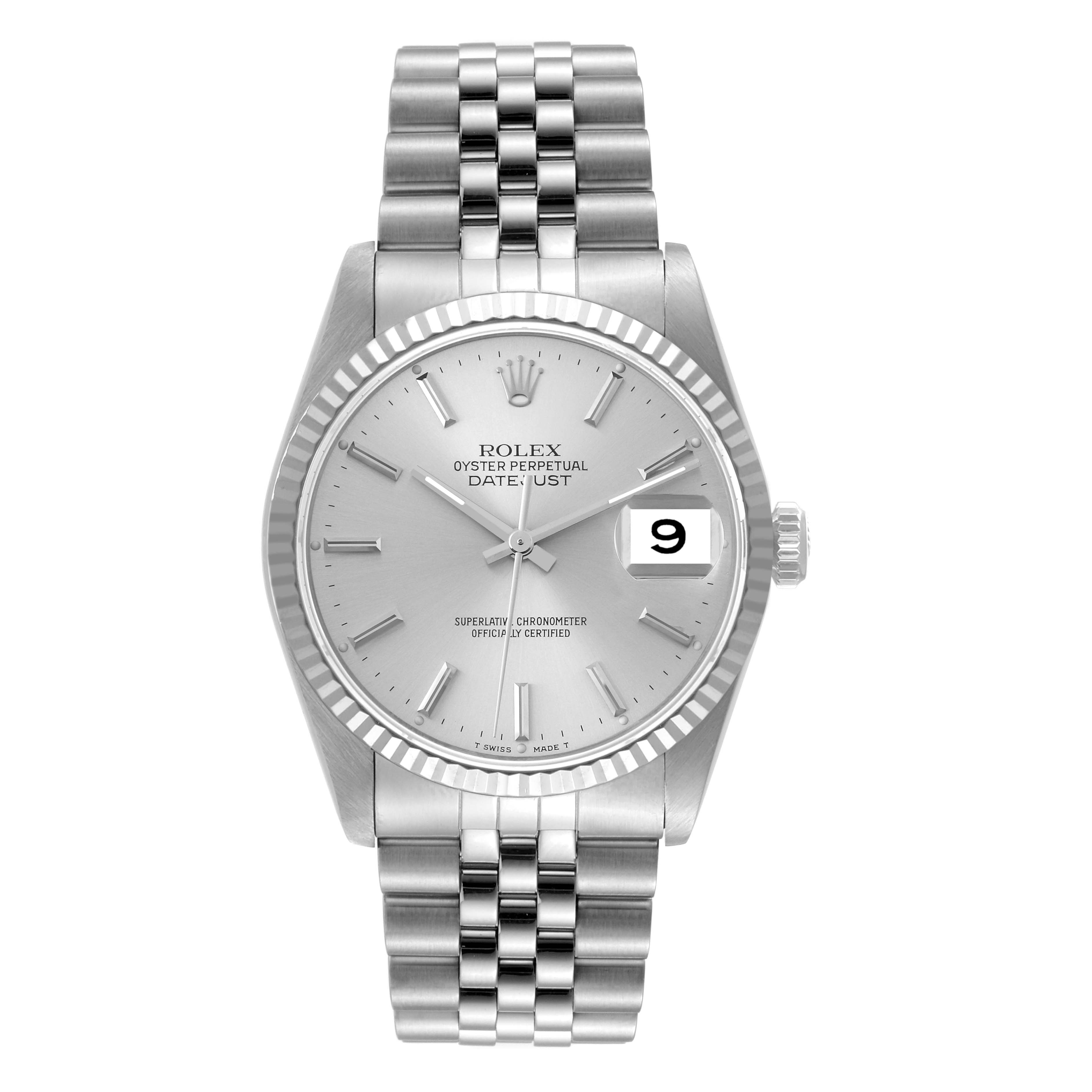 This image shows the face and bracelet of a Rolex Datejust 16234 Men's Stainless Steel Silver Dial 16234 Men's Stainless Steel Silver Dial watch from a straight-on angle.